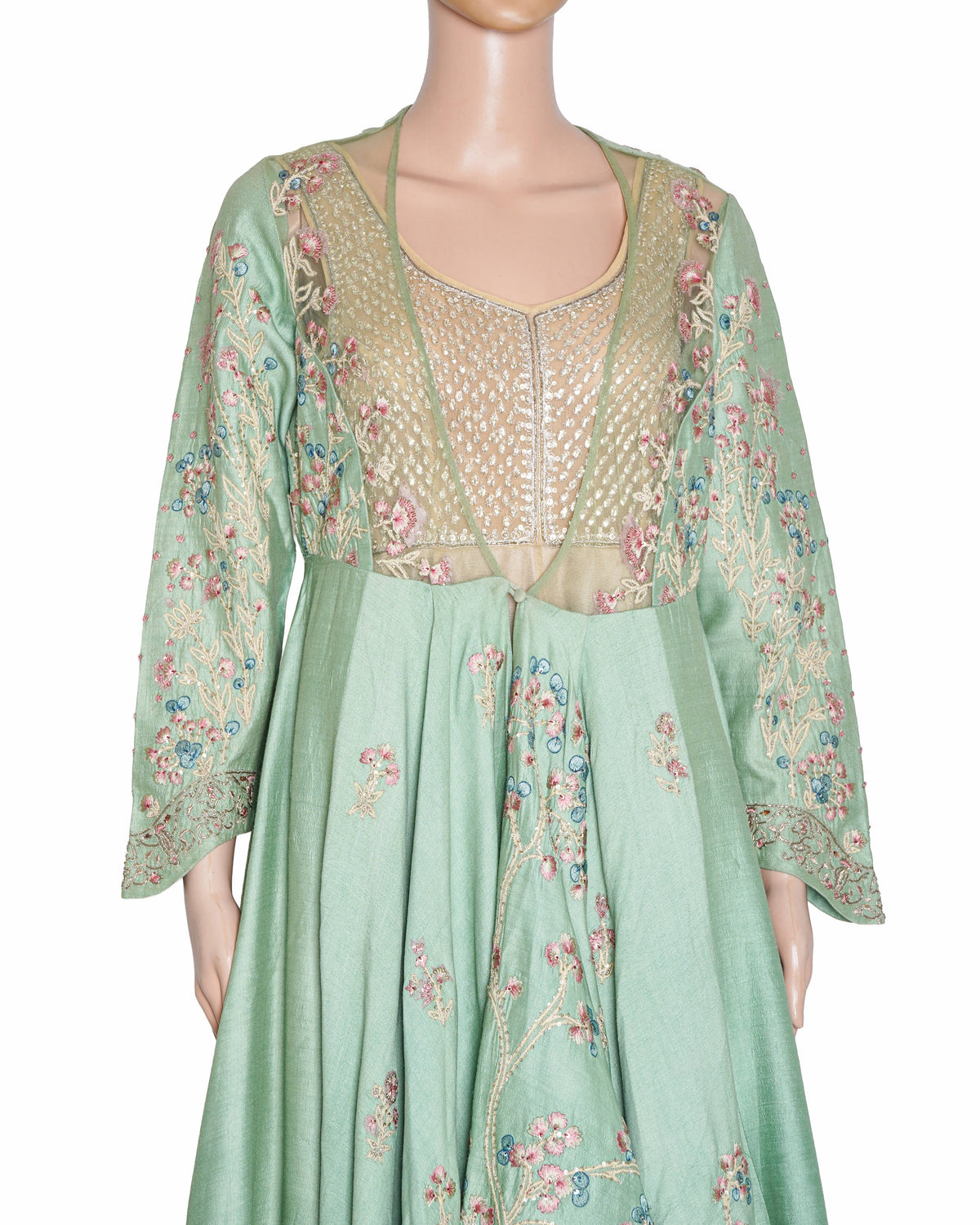 Anju Modi Fascinating Sage Green Embroidered Anarkali Set With Jacket