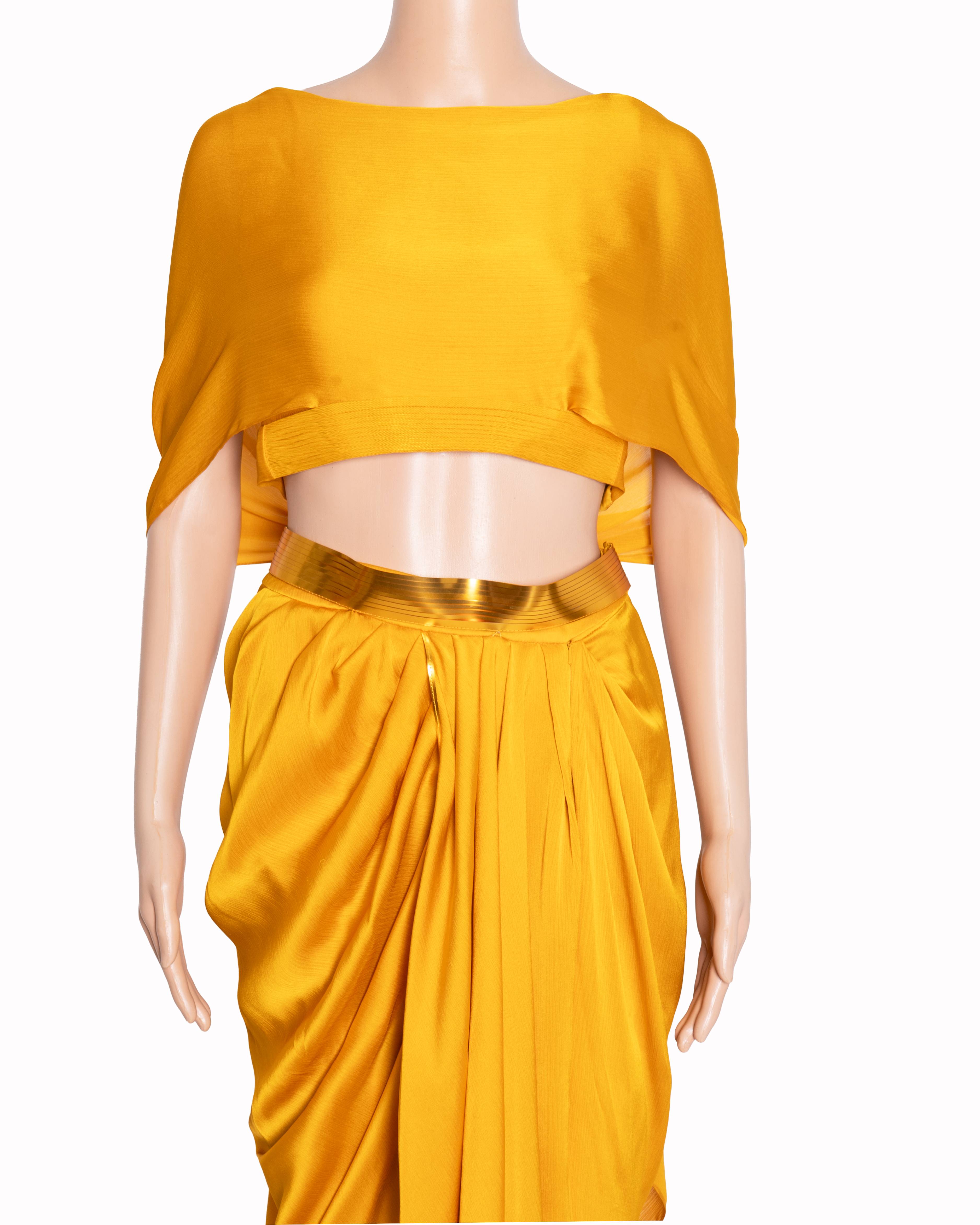 Amit Aggarwal Mustard Yellow Starburst Cape Top & Draped Skirt