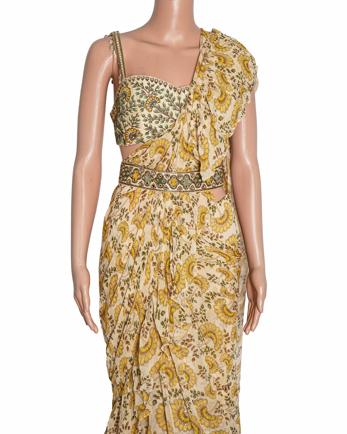 Arpita Mehta Coconut & Yellow Georgette Printed Ruffle Saree Set
