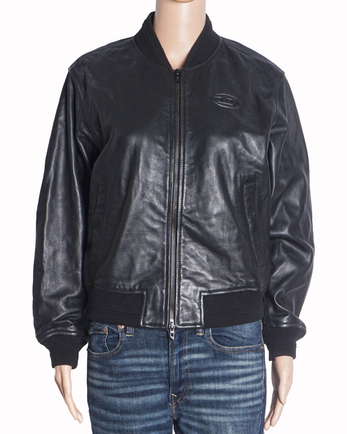 Diesel Black Leather Zip-Up Oval D Bomber Jacket