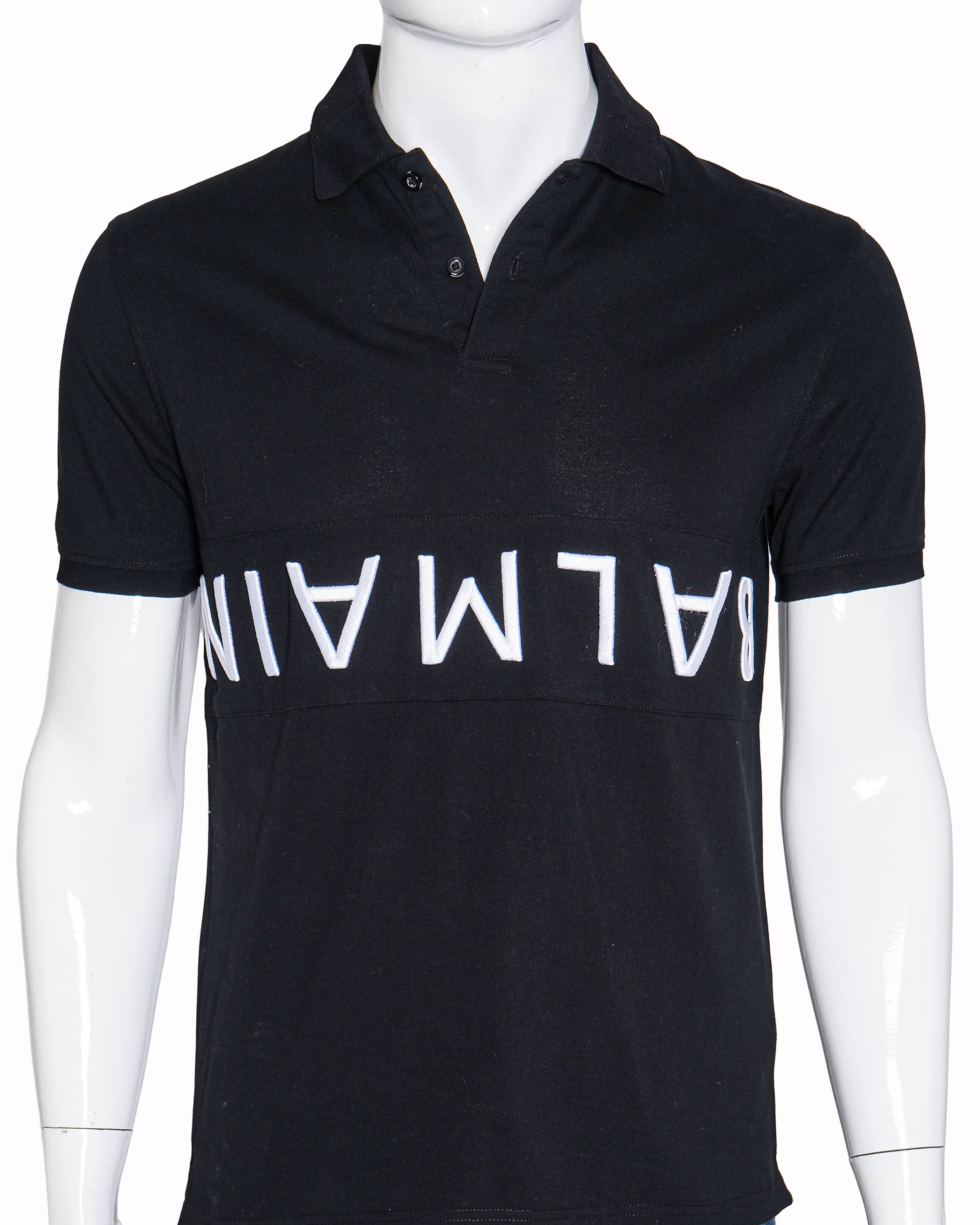 BALMAIN TEXT REVERSE EMBROIDERY BLACK POLO T-SHIRT