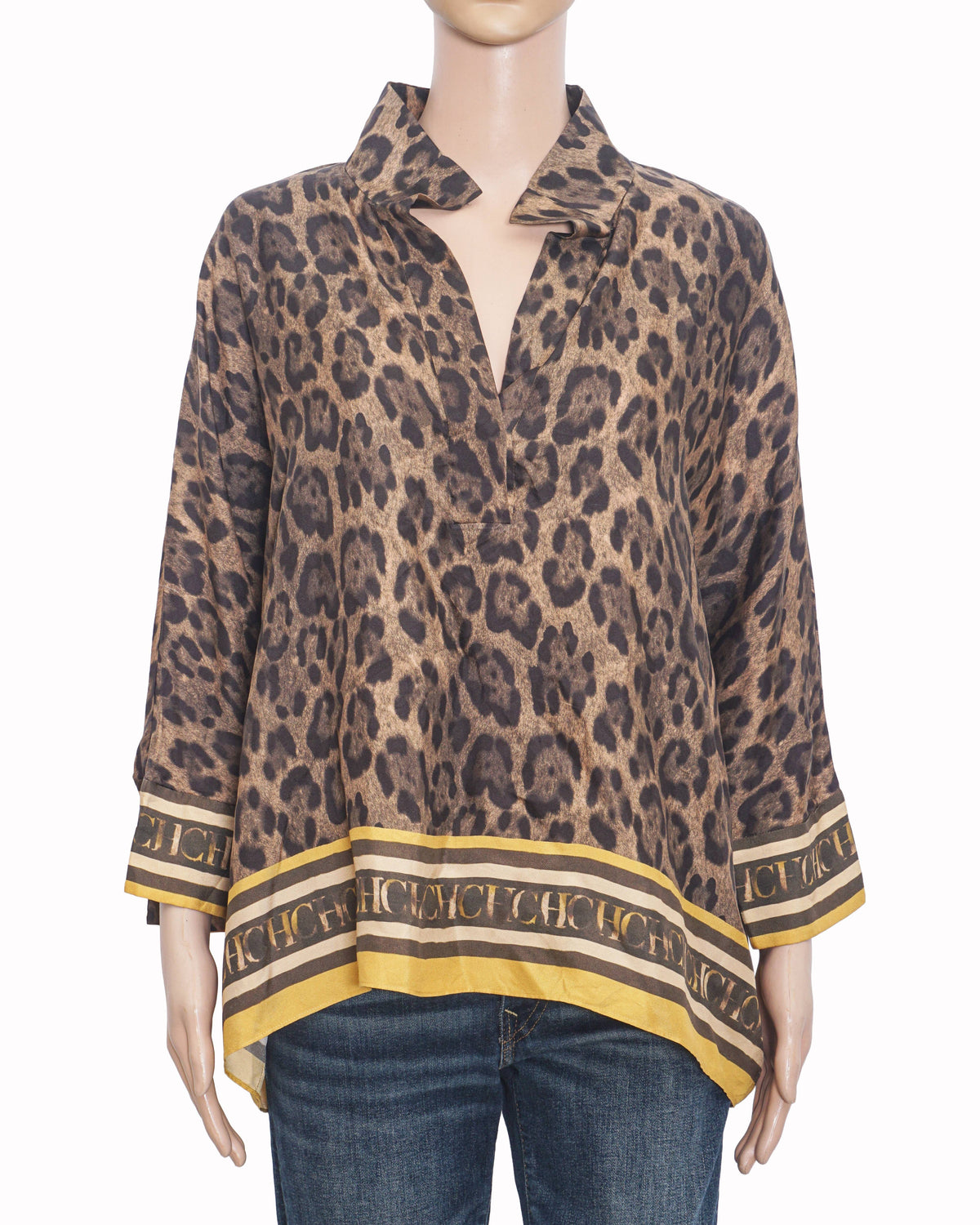 Carolina Herrera Leopard Print CH Monogram Border Silk Blouse
