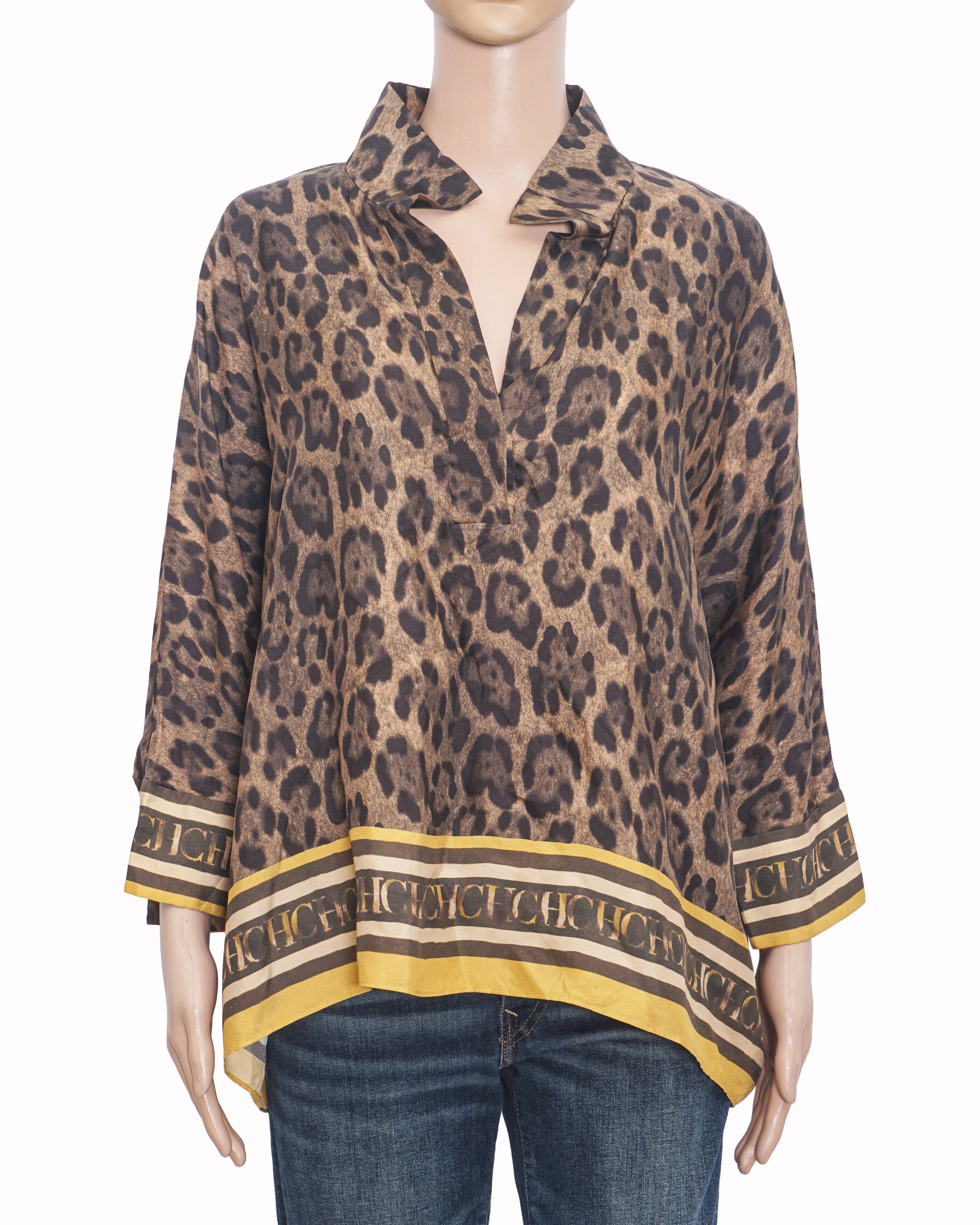 Carolina Herrera Leopard Print CH Monogram Border Silk Blouse
