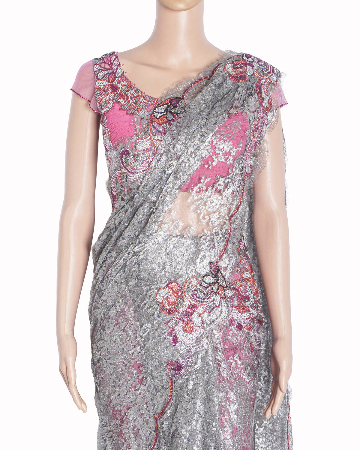 Elisha W Pre-Pleated Grey Lace Saree with Hot Pink Blouse