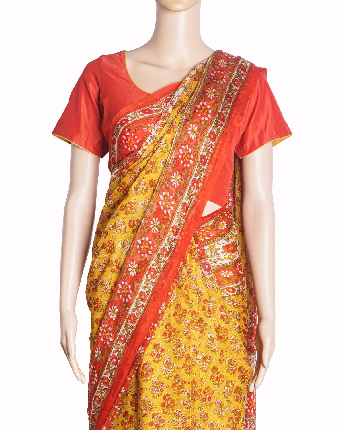 Ritu Kumar Coral Red & Yellow Floral Printed Silk Crepe Saree Set