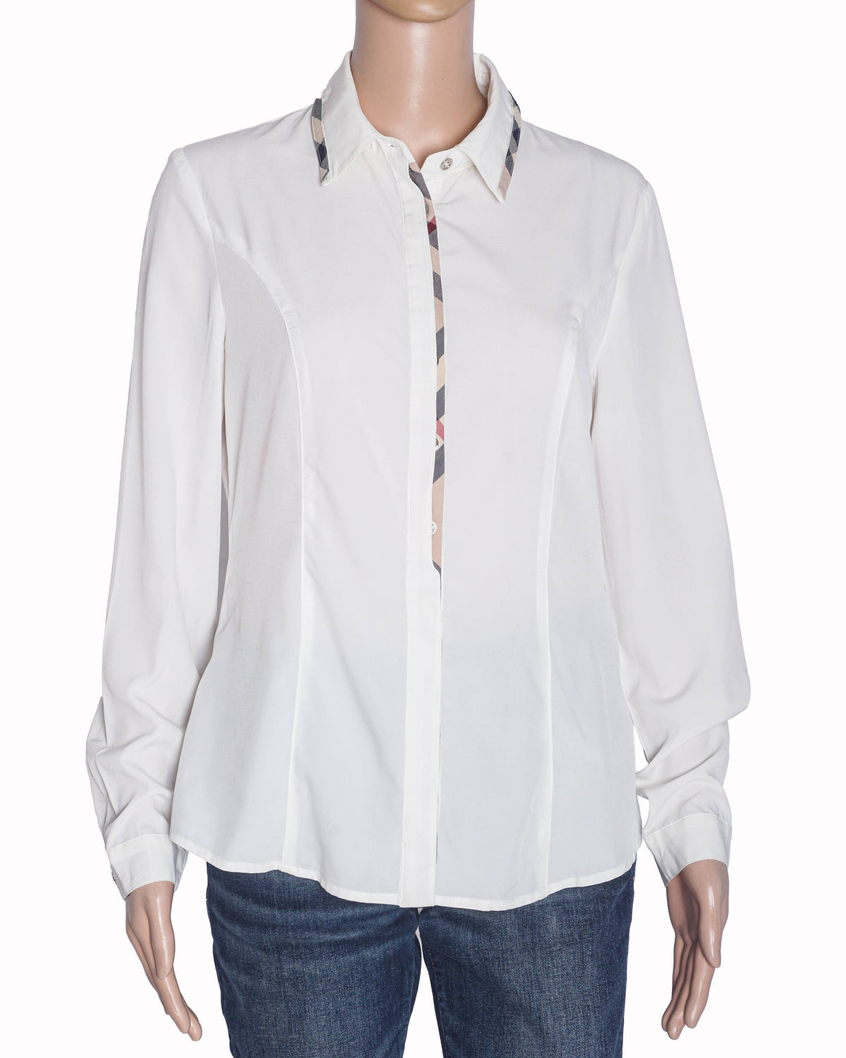 Burberry White Vintage Check Plaid Trim Shirt
