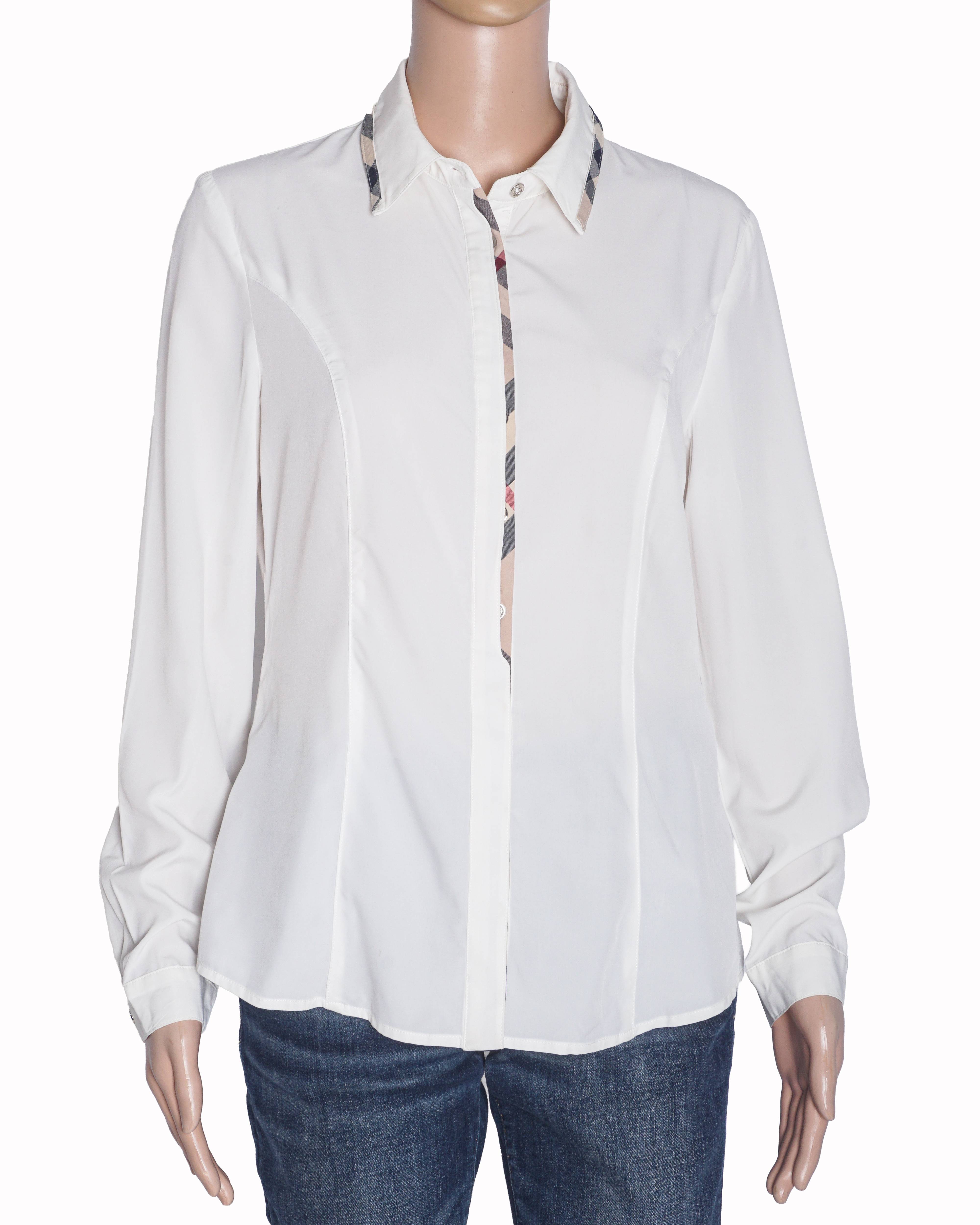 Burberry White Vintage Check Plaid Trim Shirt