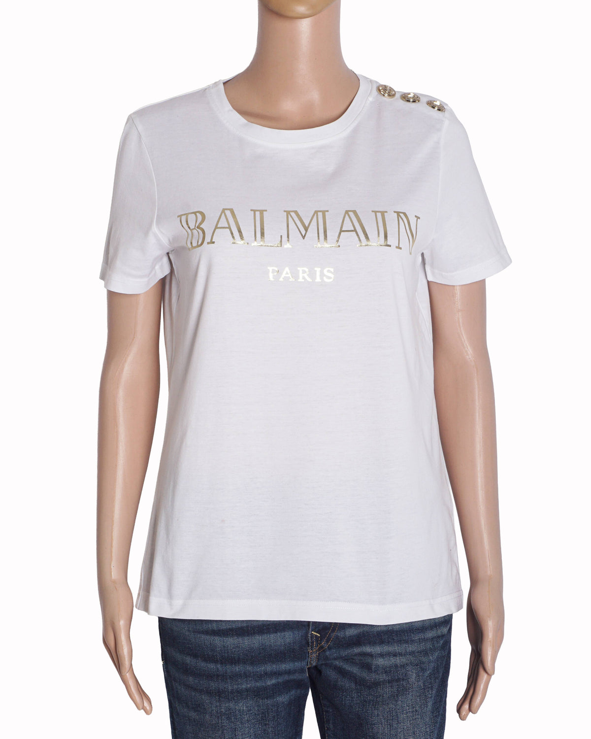 Balmain White Rhinestone Logo T-Shirt with Gold Buttons
