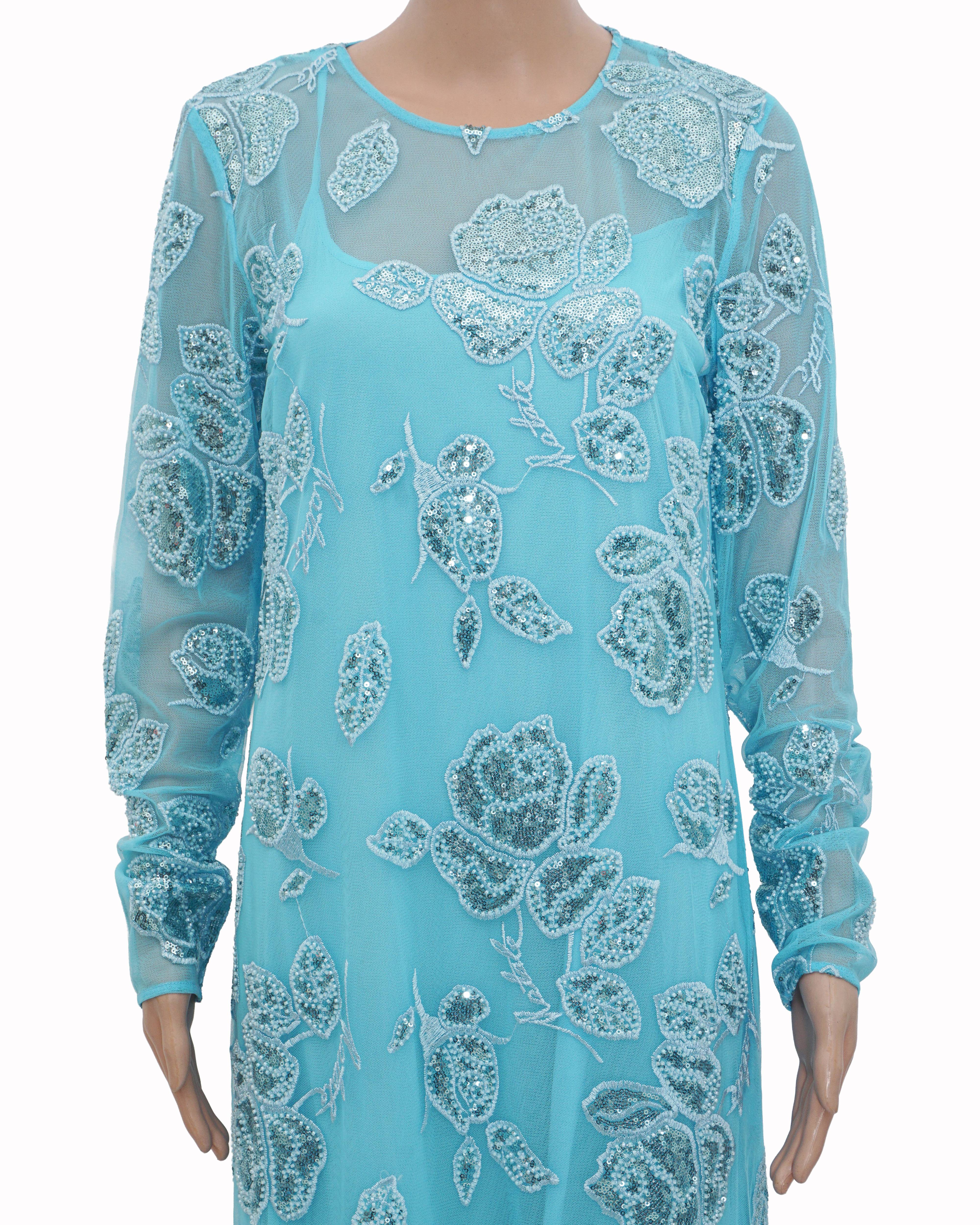 Rotate Turquoise Blue Sequins Beaded Midi Dress