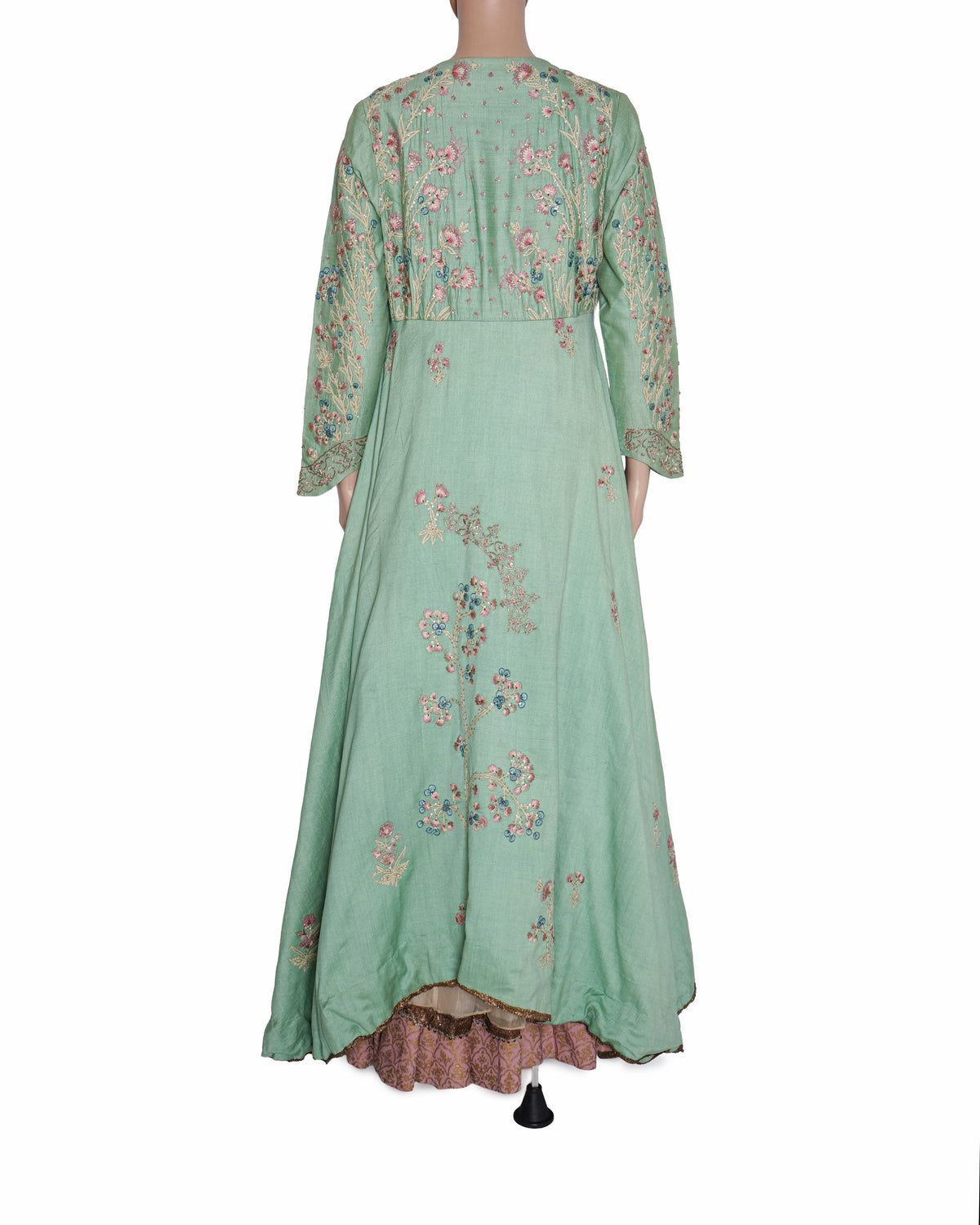 Anju Modi Fascinating Sage Green Embroidered Anarkali Set With Jacket