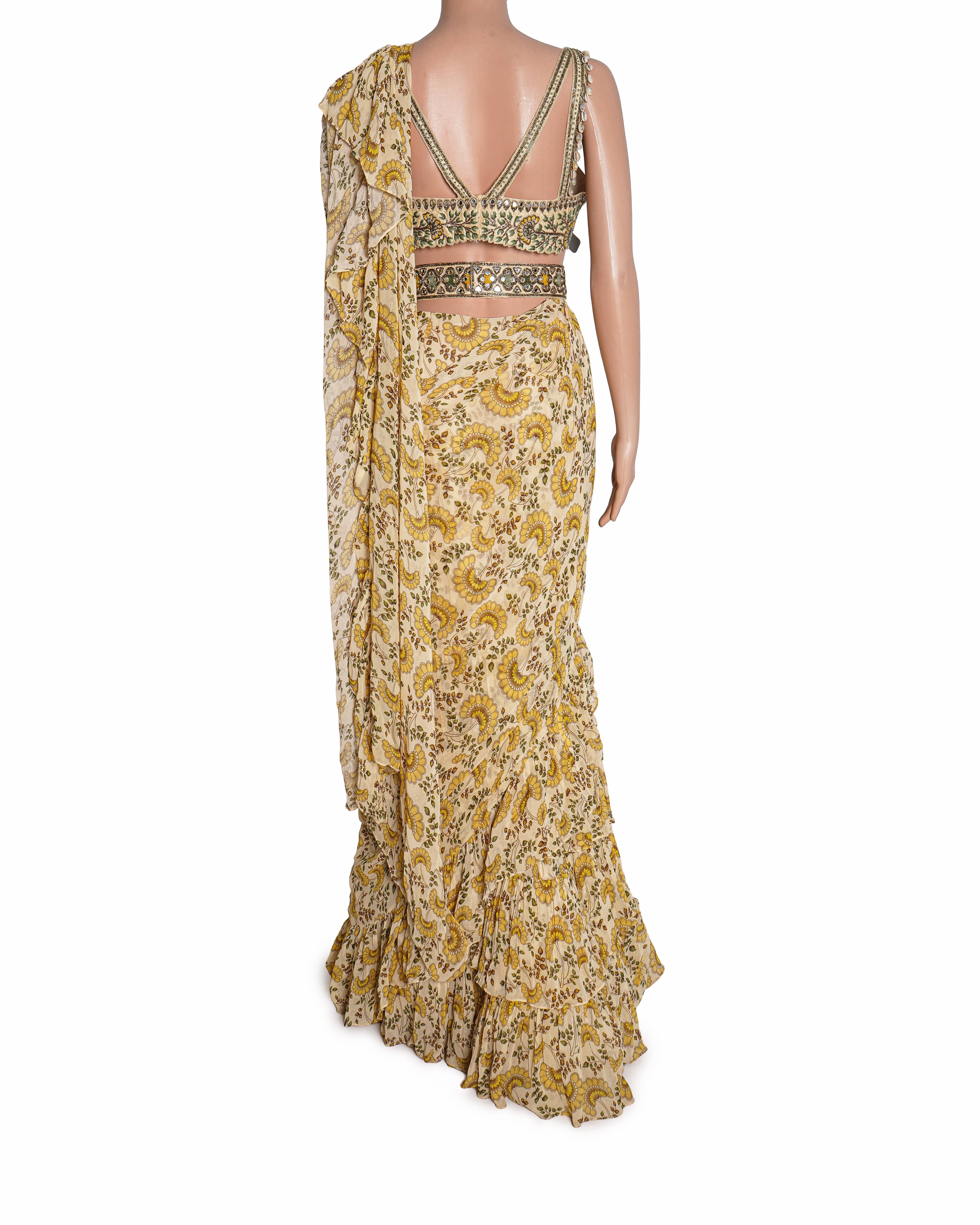 Arpita Mehta Coconut & Yellow Georgette Printed Ruffle Saree Set