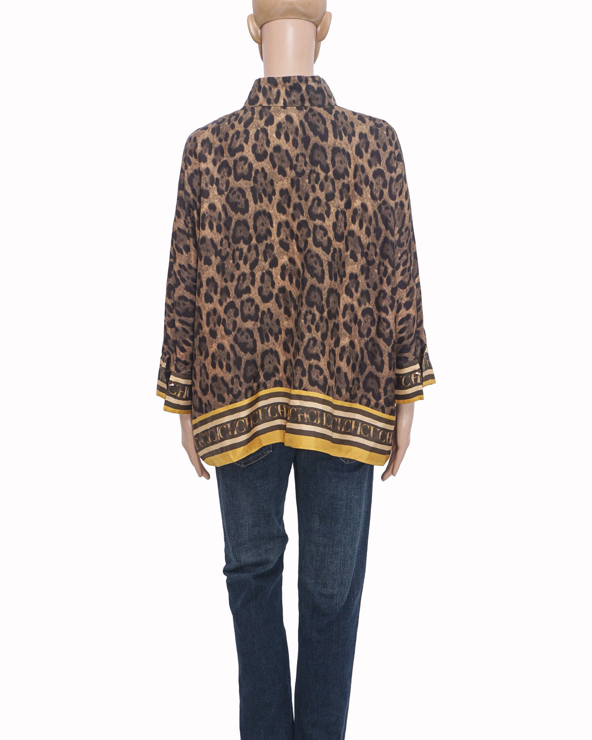 Carolina Herrera Leopard Print CH Monogram Border Silk Blouse