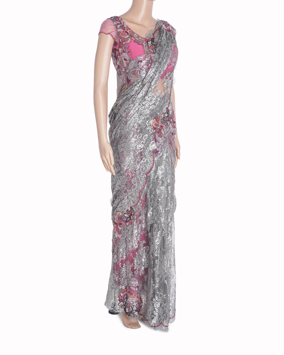 Elisha W Pre-Pleated Grey Lace Saree with Hot Pink Blouse