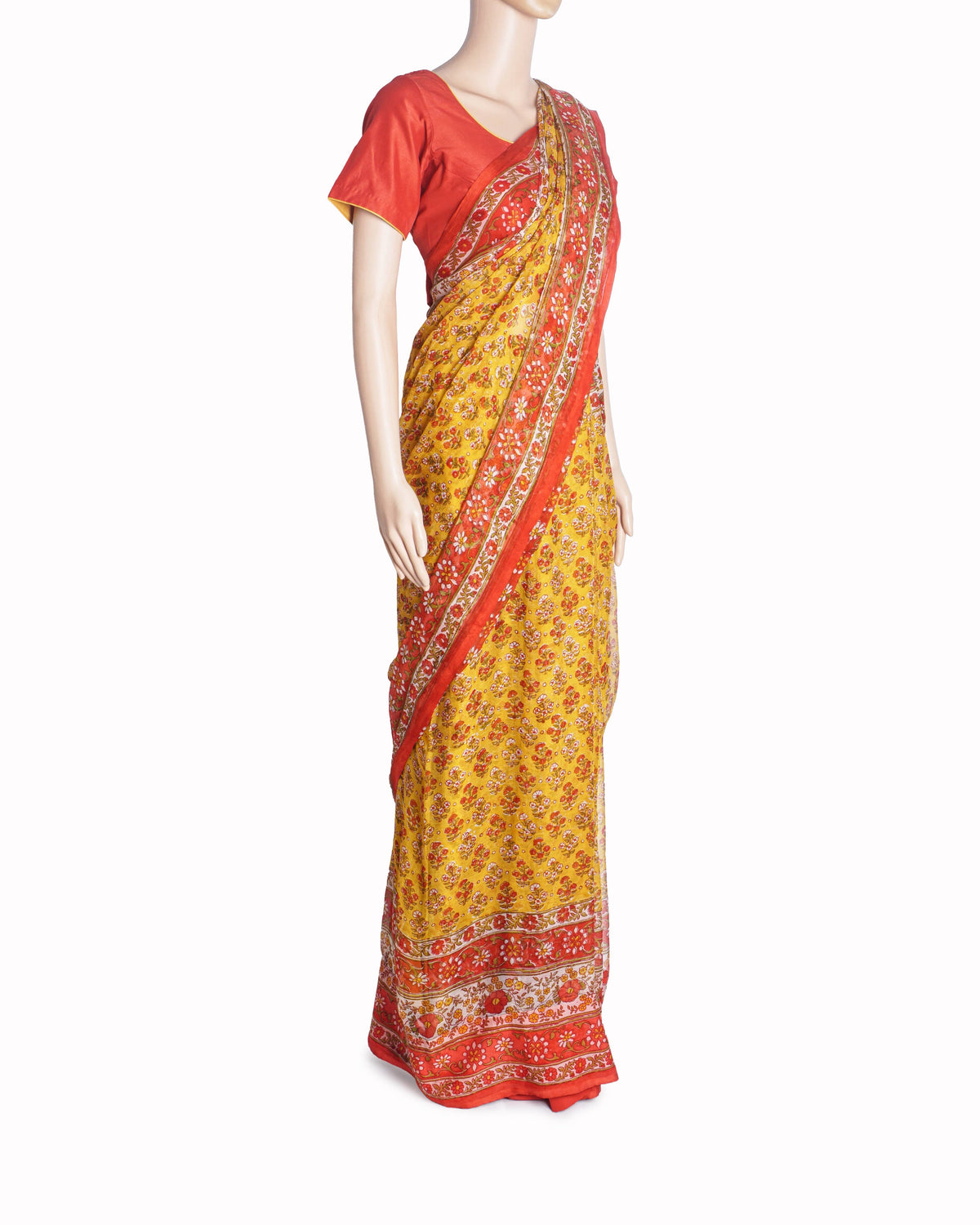 Ritu Kumar Coral Red & Yellow Floral Printed Silk Crepe Saree Set