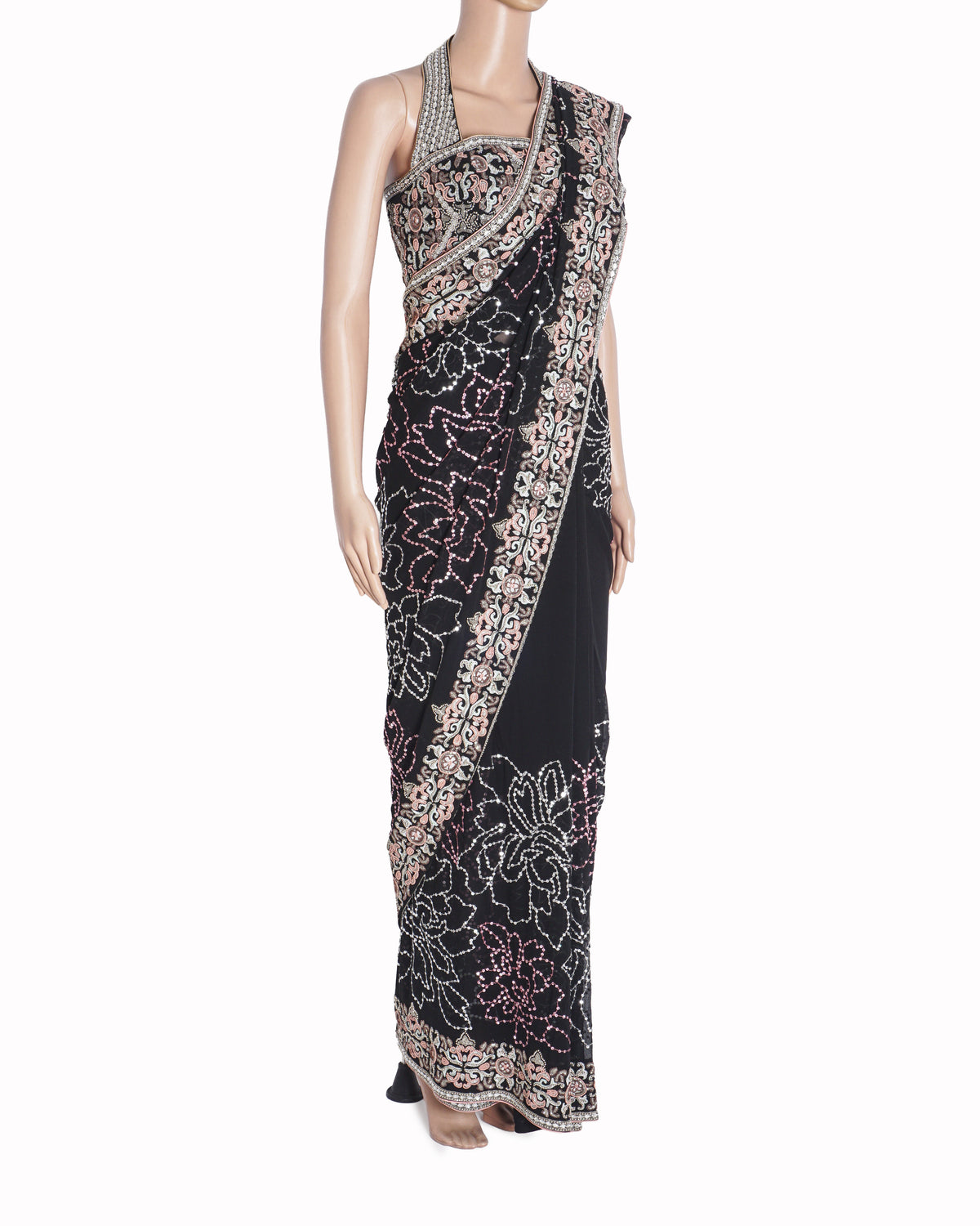 Suneet Varma Black Sequined Saree & Halter Blouse
