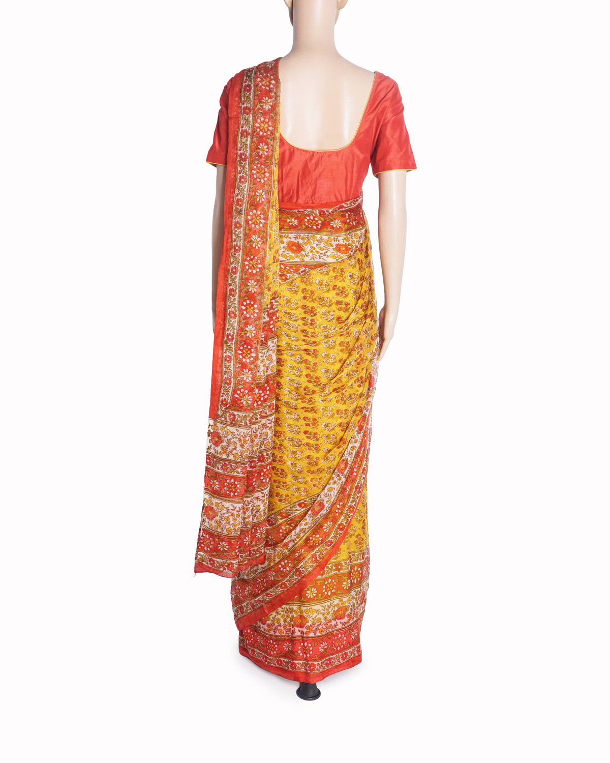 Ritu Kumar Coral Red & Yellow Floral Printed Silk Crepe Saree Set