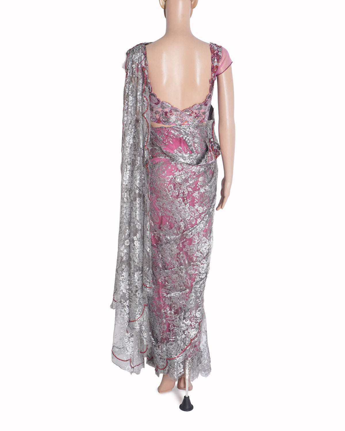 Elisha W Pre-Pleated Grey Lace Saree with Hot Pink Blouse
