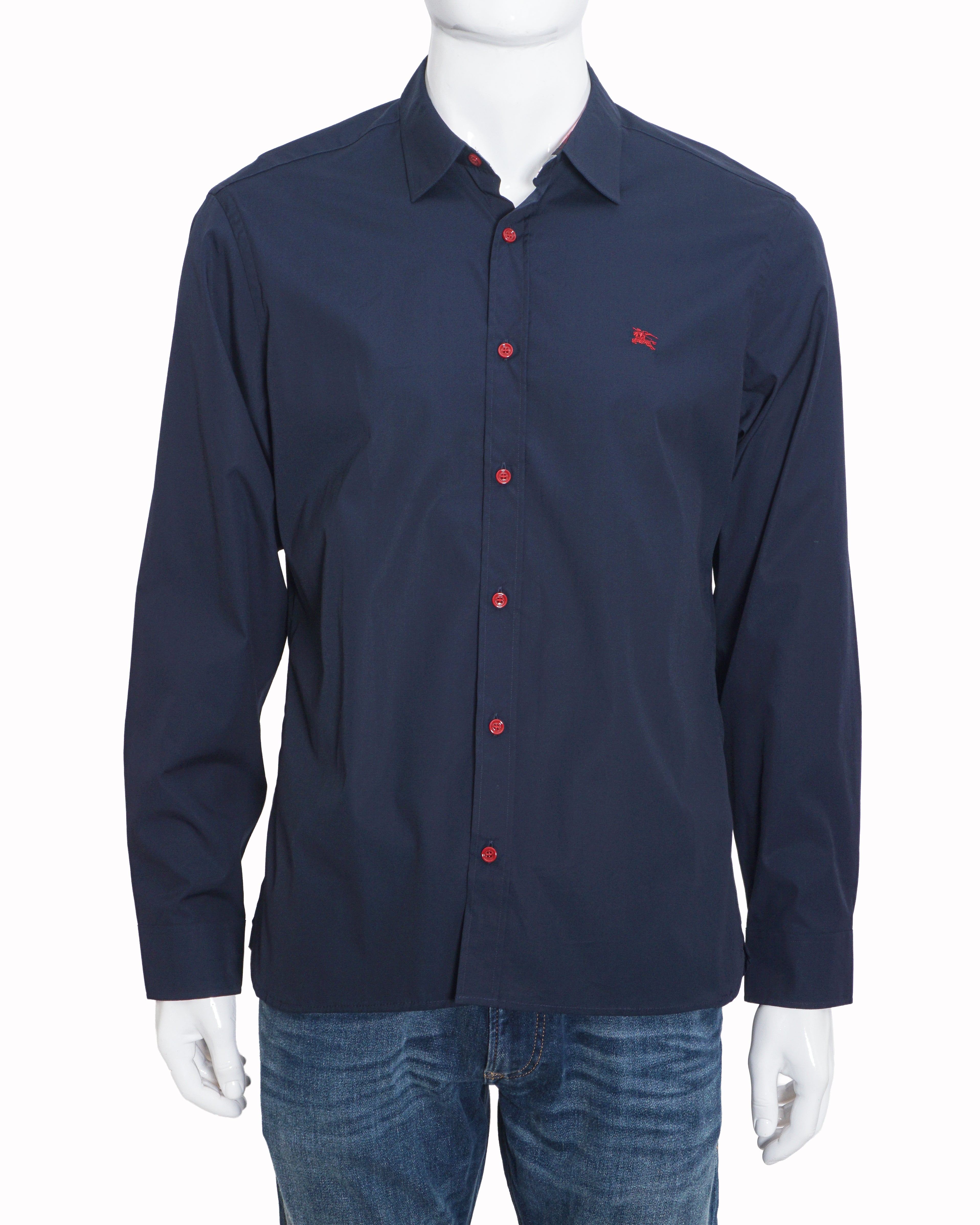 Burberry Men's Navy Cotton Red Button Equestrian Knight Shirt