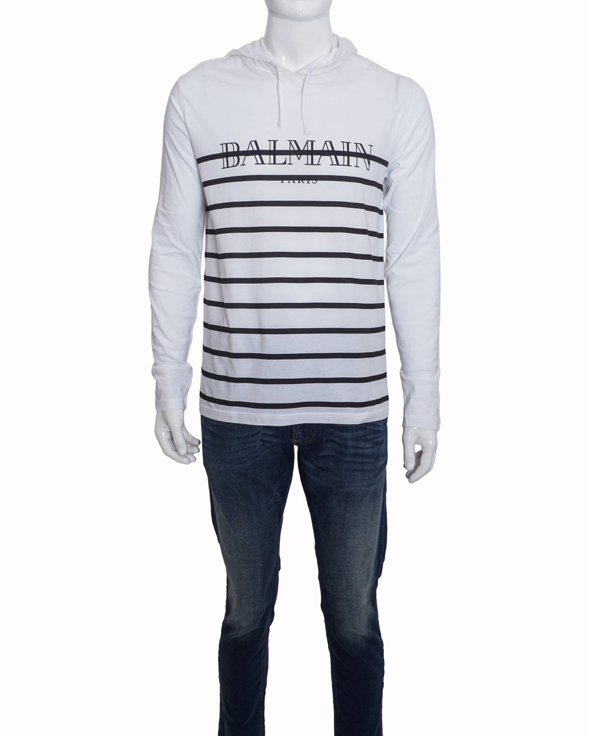 Balmain White & Black Striped Logo Long-Sleeve Hoodie