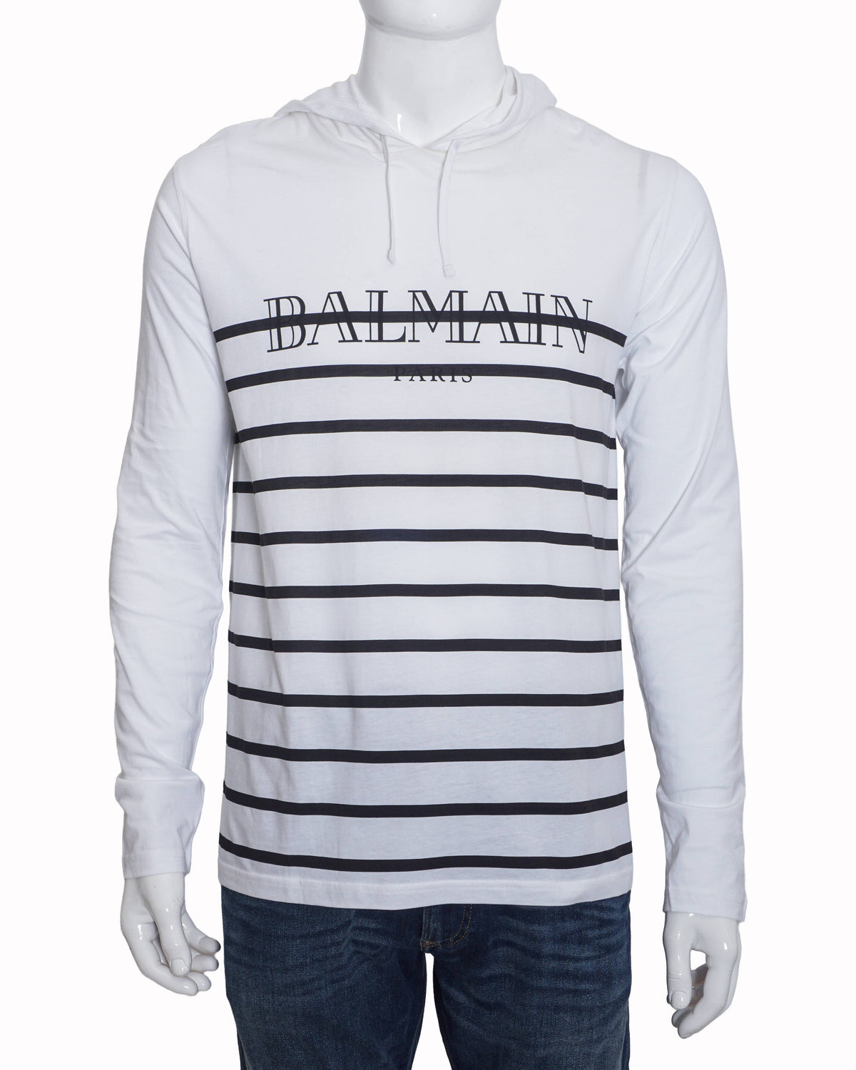 Balmain White & Black Striped Logo Long-Sleeve Hoodie
