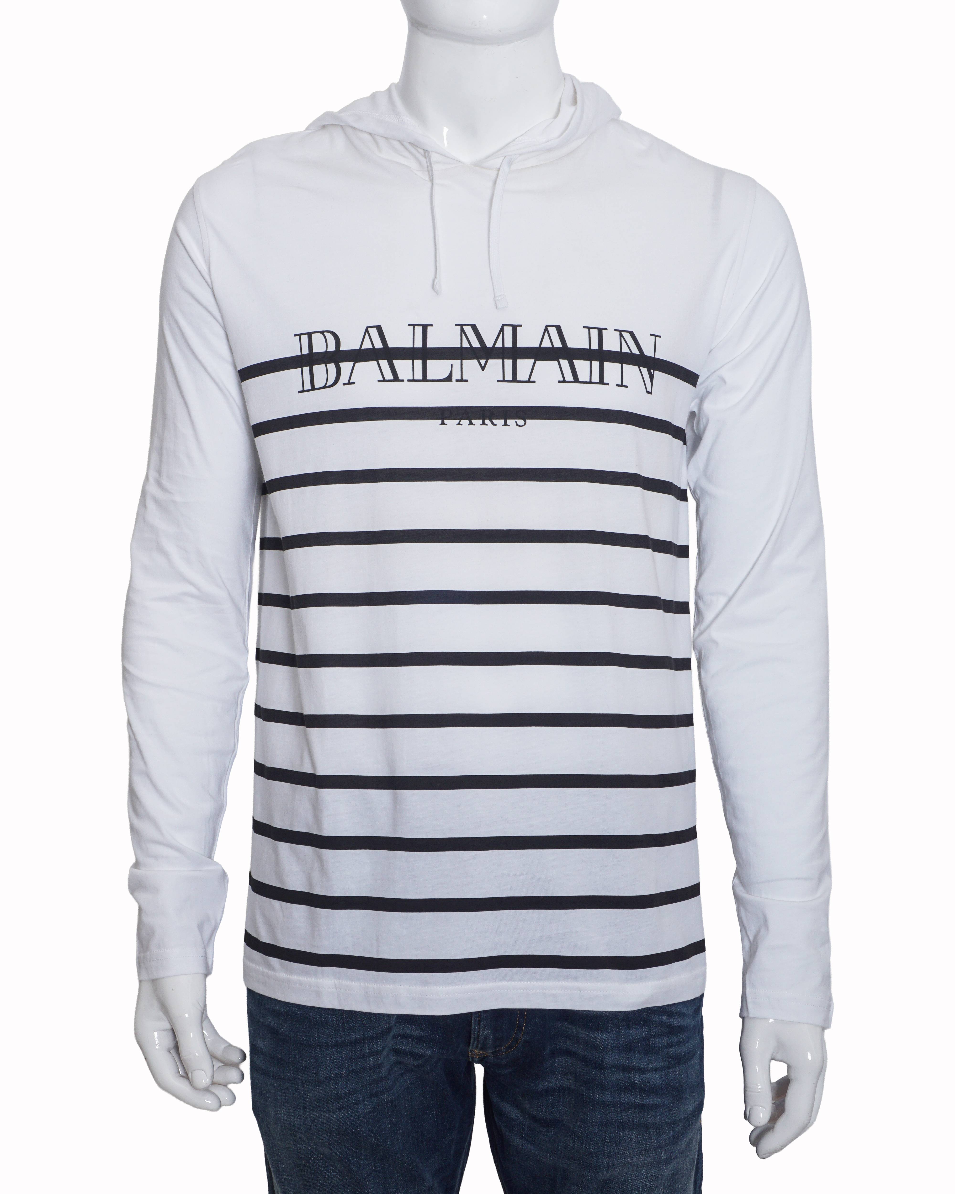 Balmain White & Black Striped Logo Long-Sleeve Hoodie