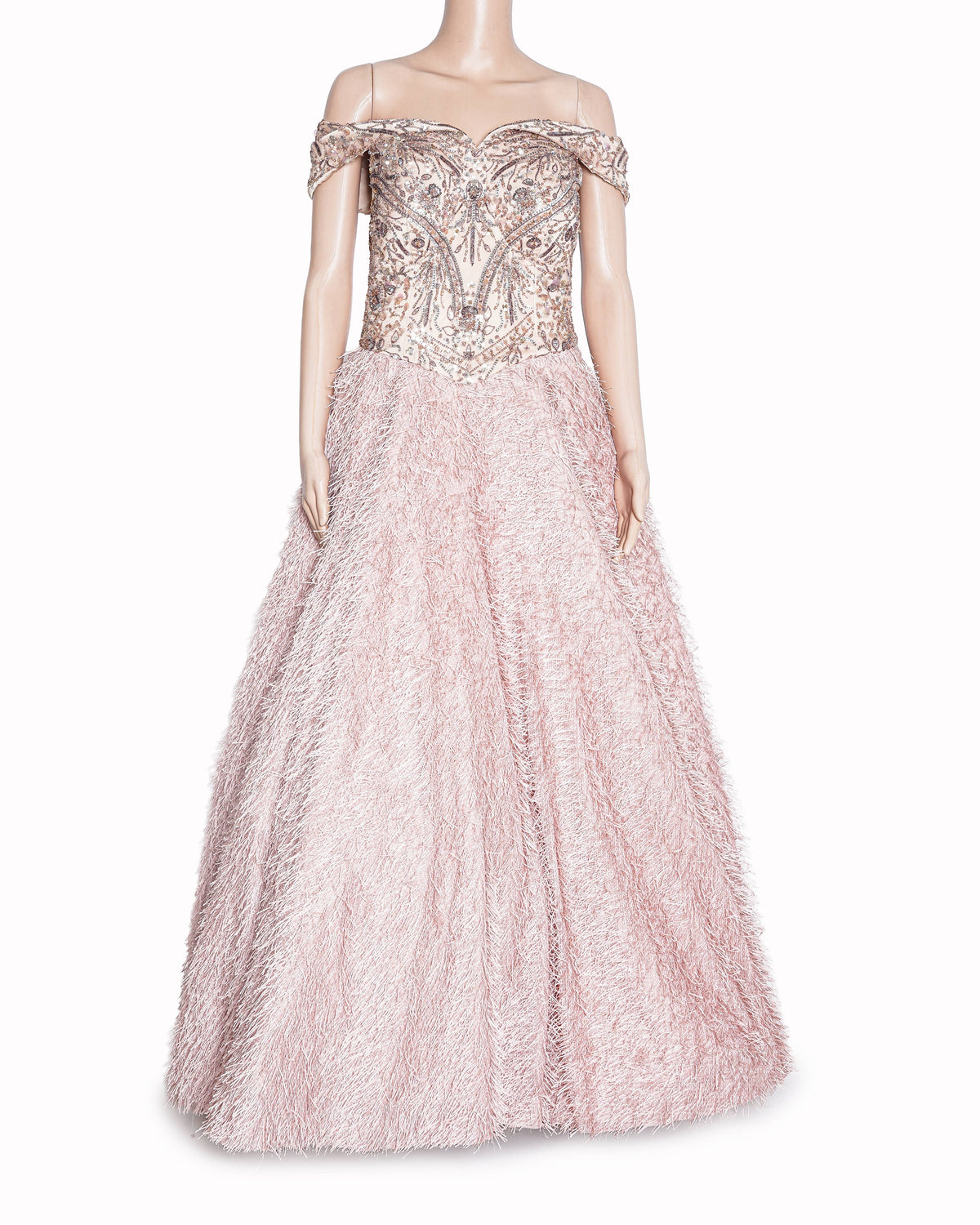 Dolly J Pink Textured Fringe Ball Gown