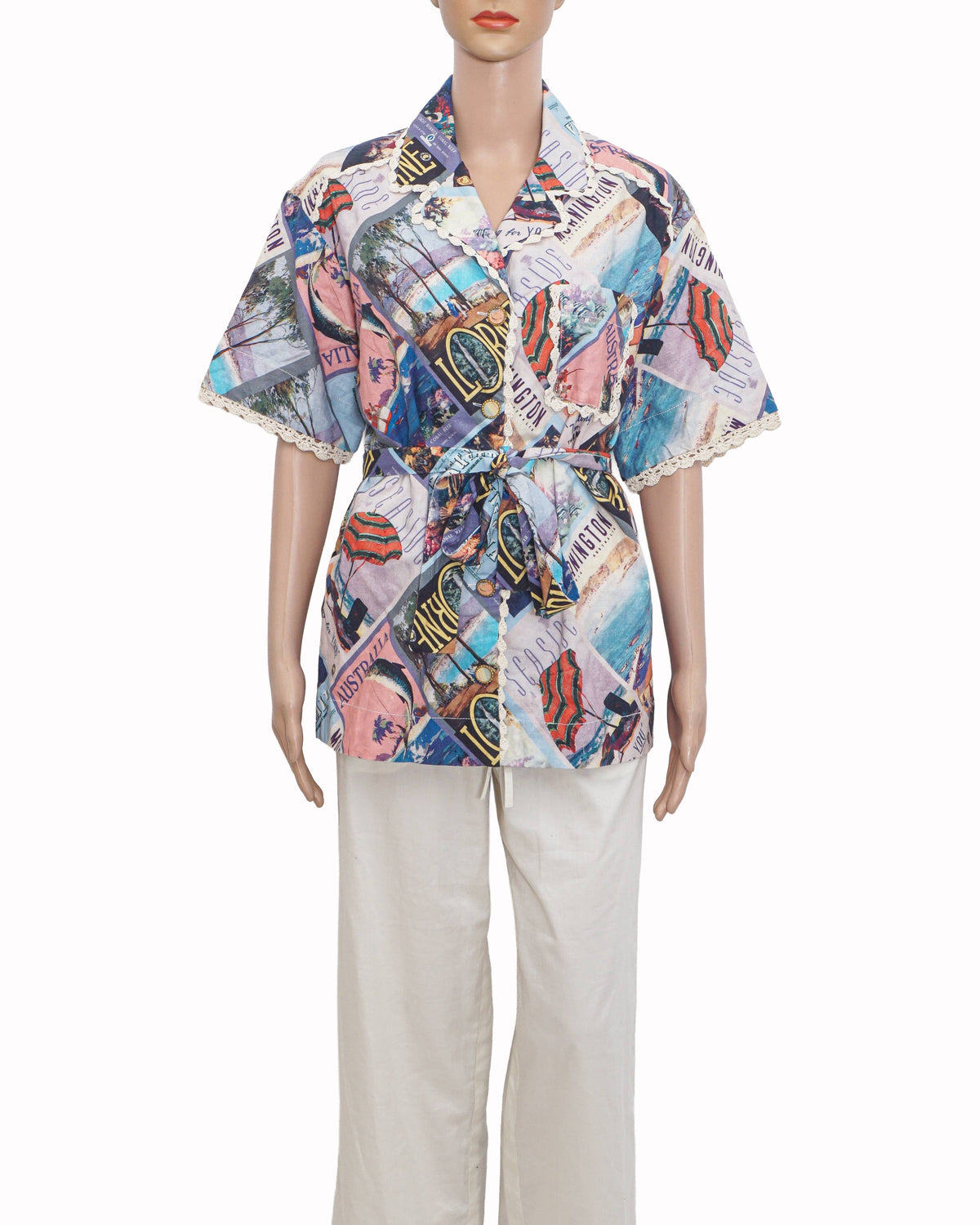 Zimmermann Postcard Print Lace Trim Ramie Belted Shirt