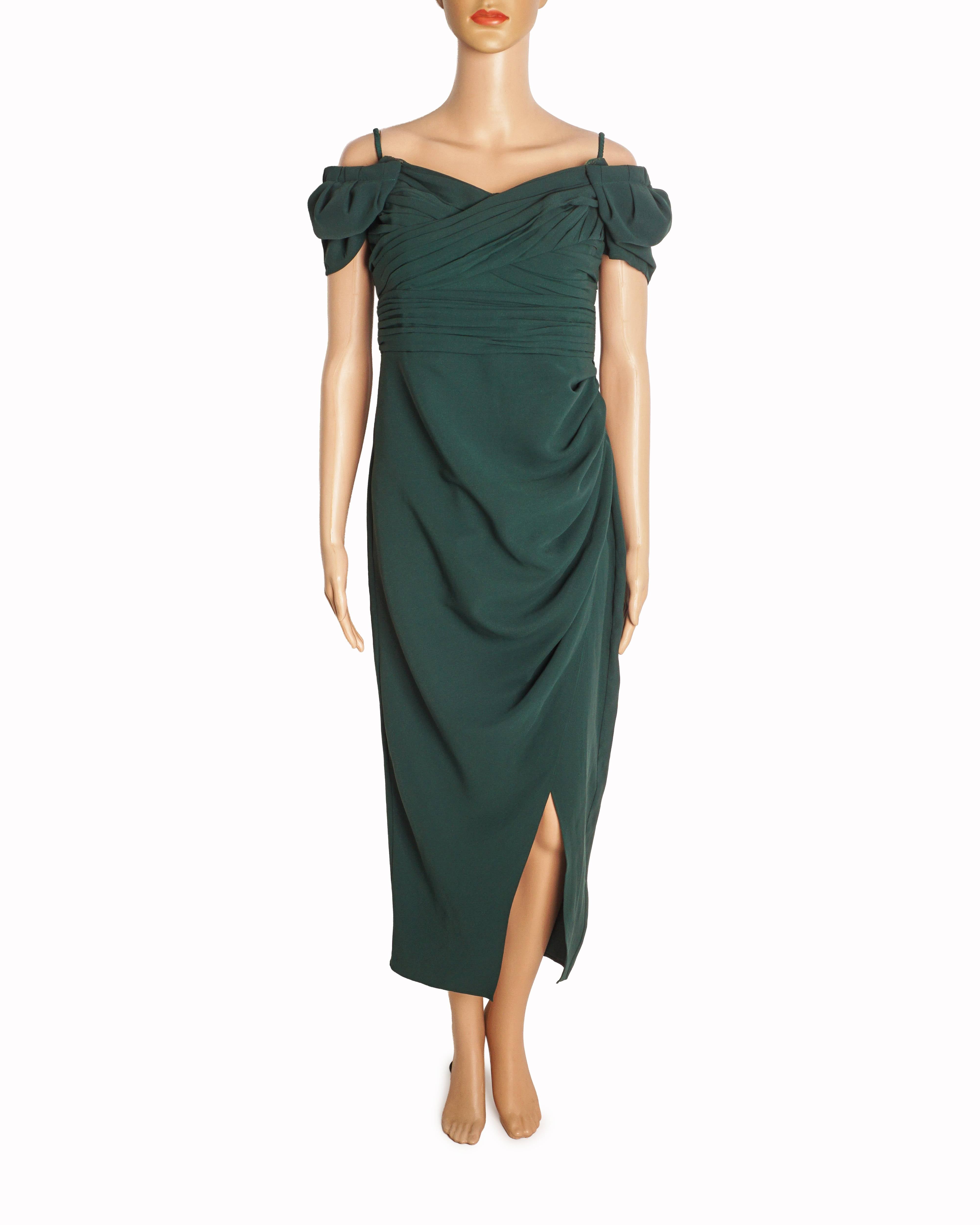 Self-Portrait Dark Green Sweetheart Ruched Twill Midi Dress