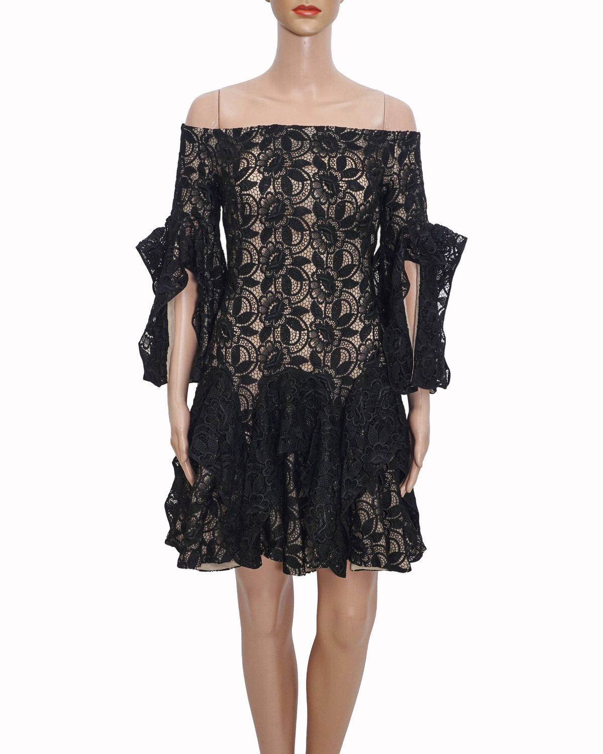Alexander McQueen Black Lace Off-The-Shoulder Ruffled Mini Dress