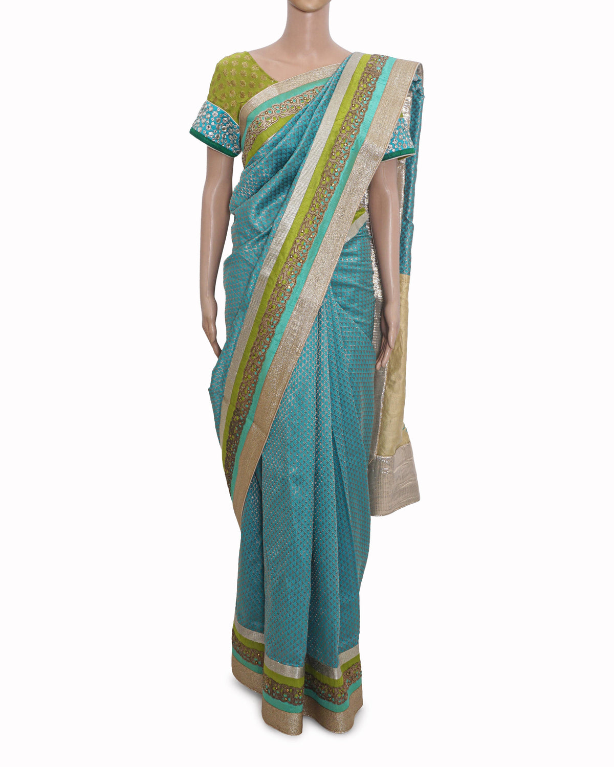 Jesal Vora Lime Green & Teal Banarasi Silk Saree