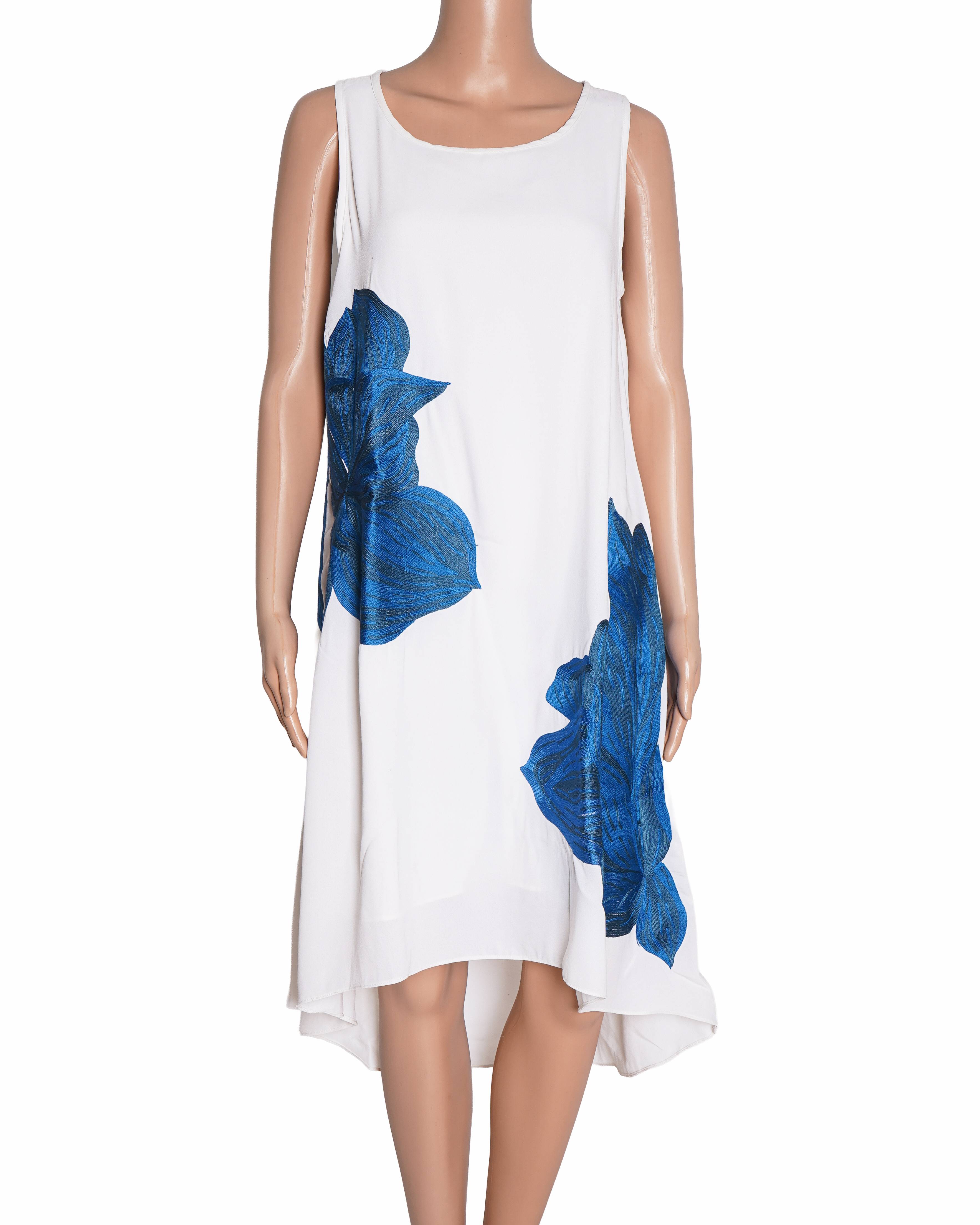 Ranna Gill maxi white dress with blue floral embroidery