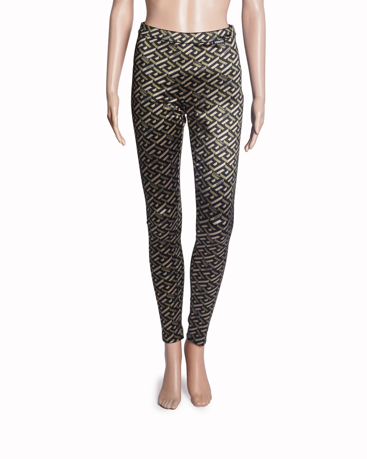 Versace Women's Black and Olive Green Gold Patterned Leggings