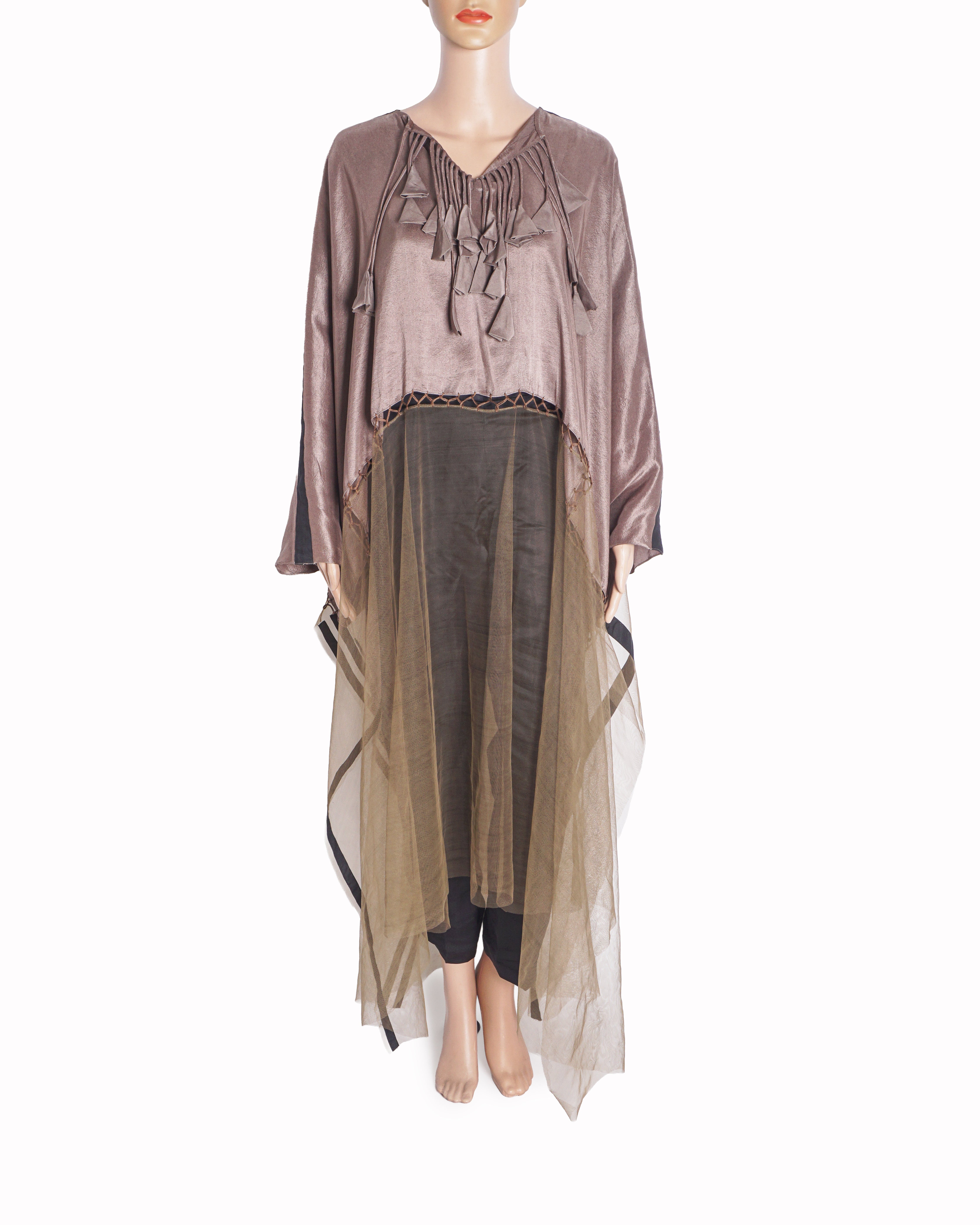 Anamika Khanna Brown & Olive Tasseled Silk Cape