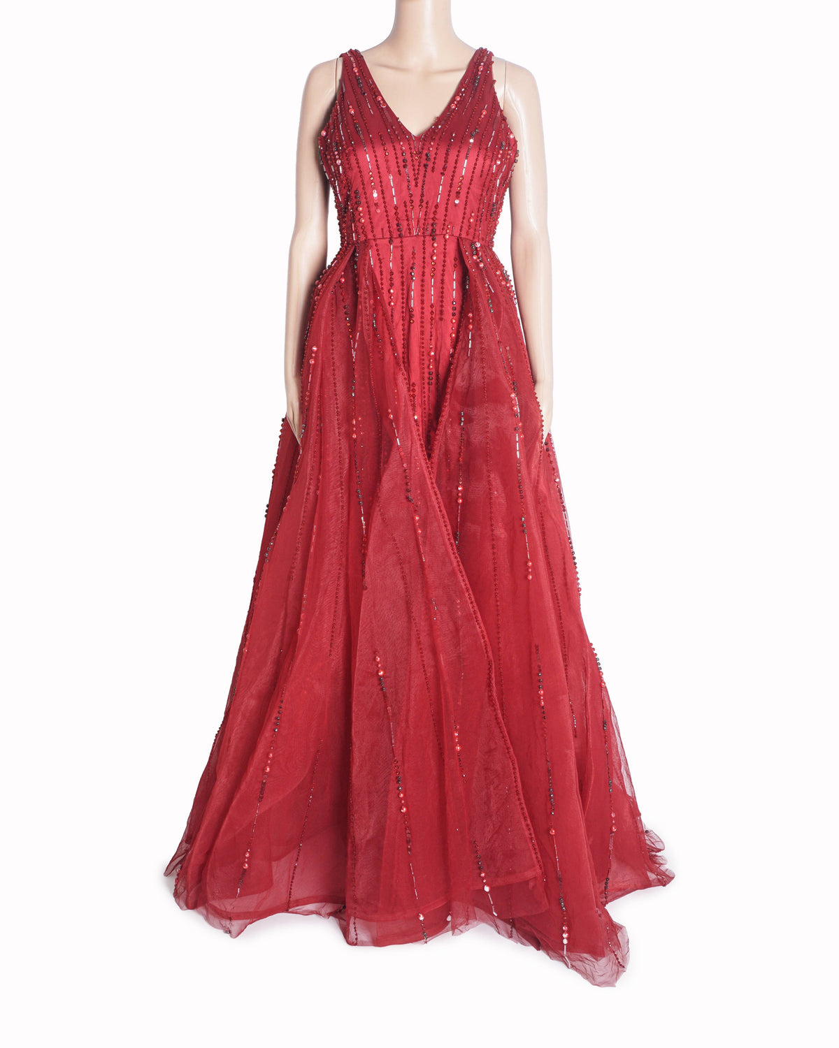 Karleo Crimson Red Sequined & Beaded Tulle Gown