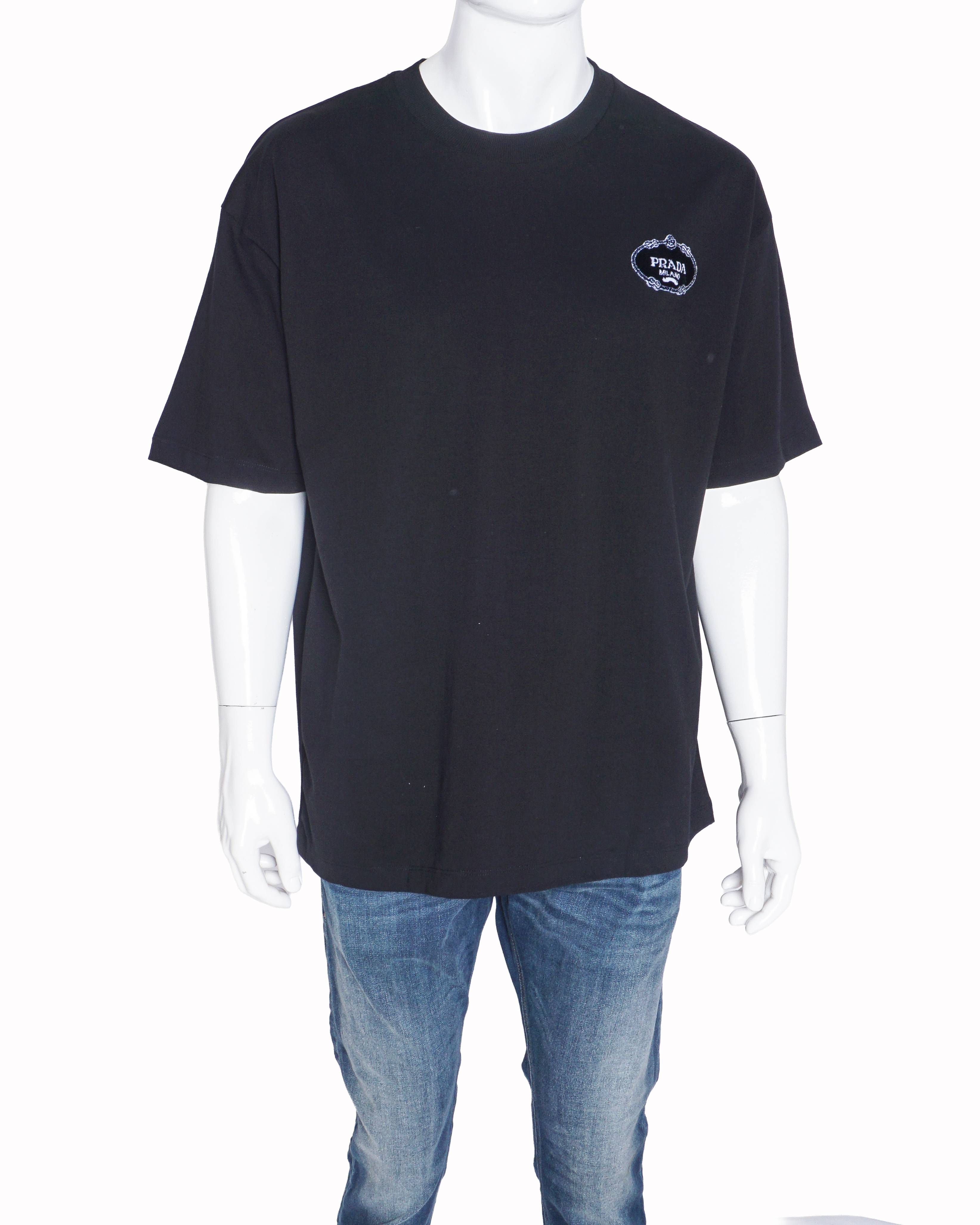 Prada Black Cotton Milano Crest Embroidered T-Shirt