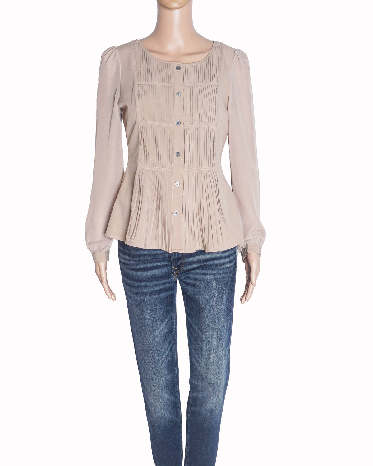 Burberry Beige Pintuck and Pleated Button-Down Top