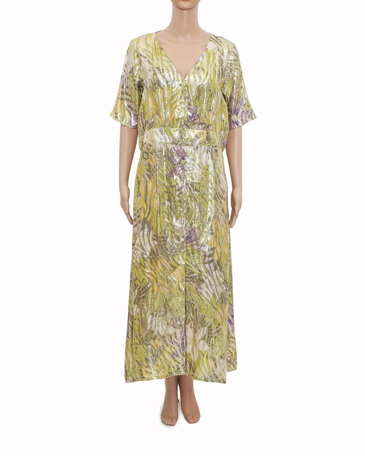 Hayley Menzies Lime Green Silk Metallic Print Midi Dress