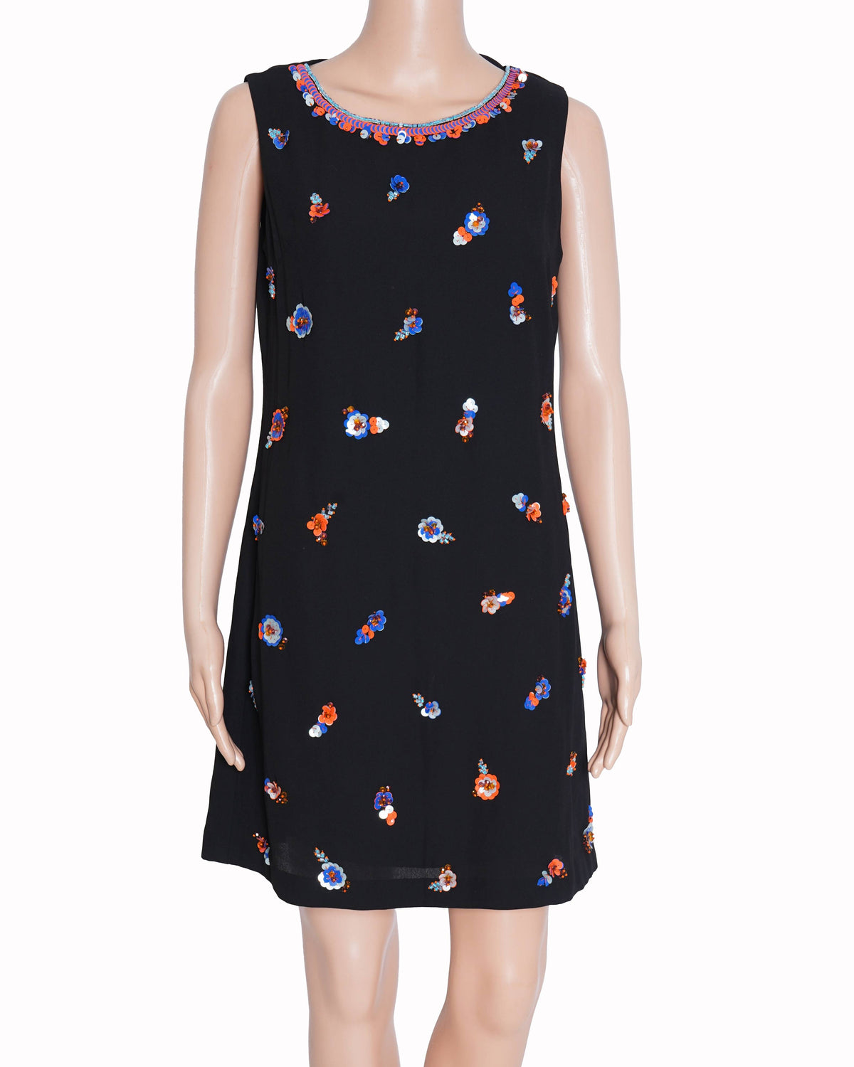 ATSU Black Mini Shift Dress with Floral Beadwork - My Almari