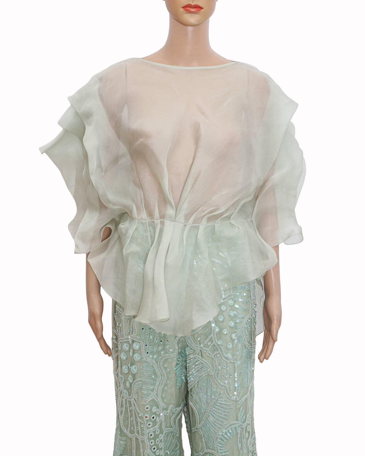 Mishru Mint Green Organza Tunic & Embroidered Flared Pant Set