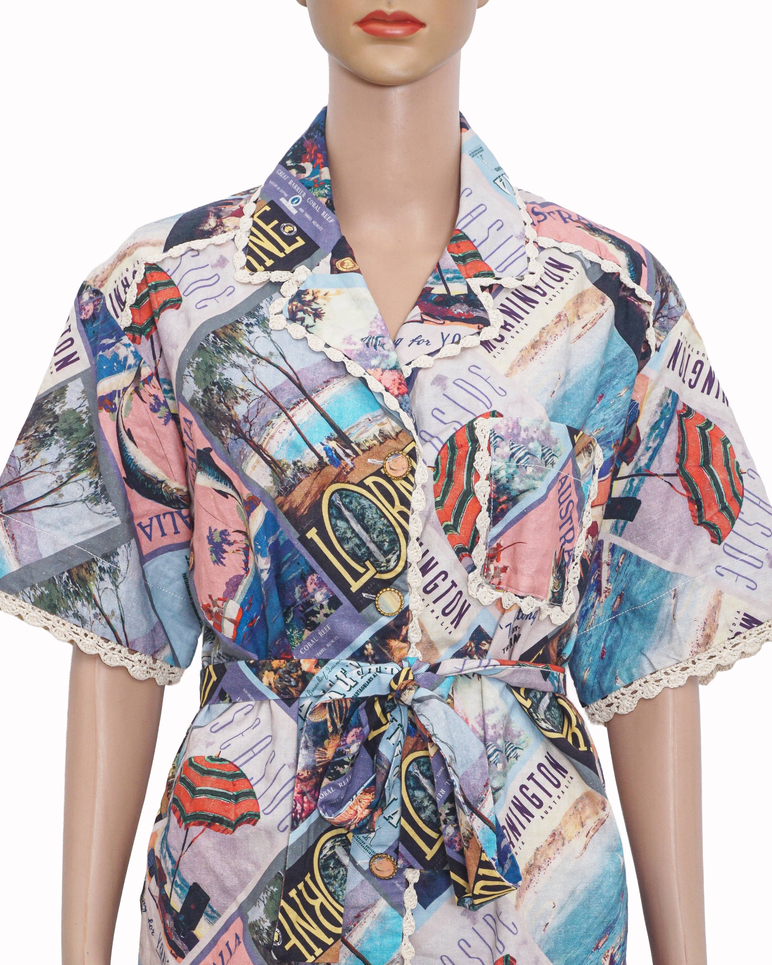 Zimmermann Postcard Print Lace Trim Ramie Belted Shirt