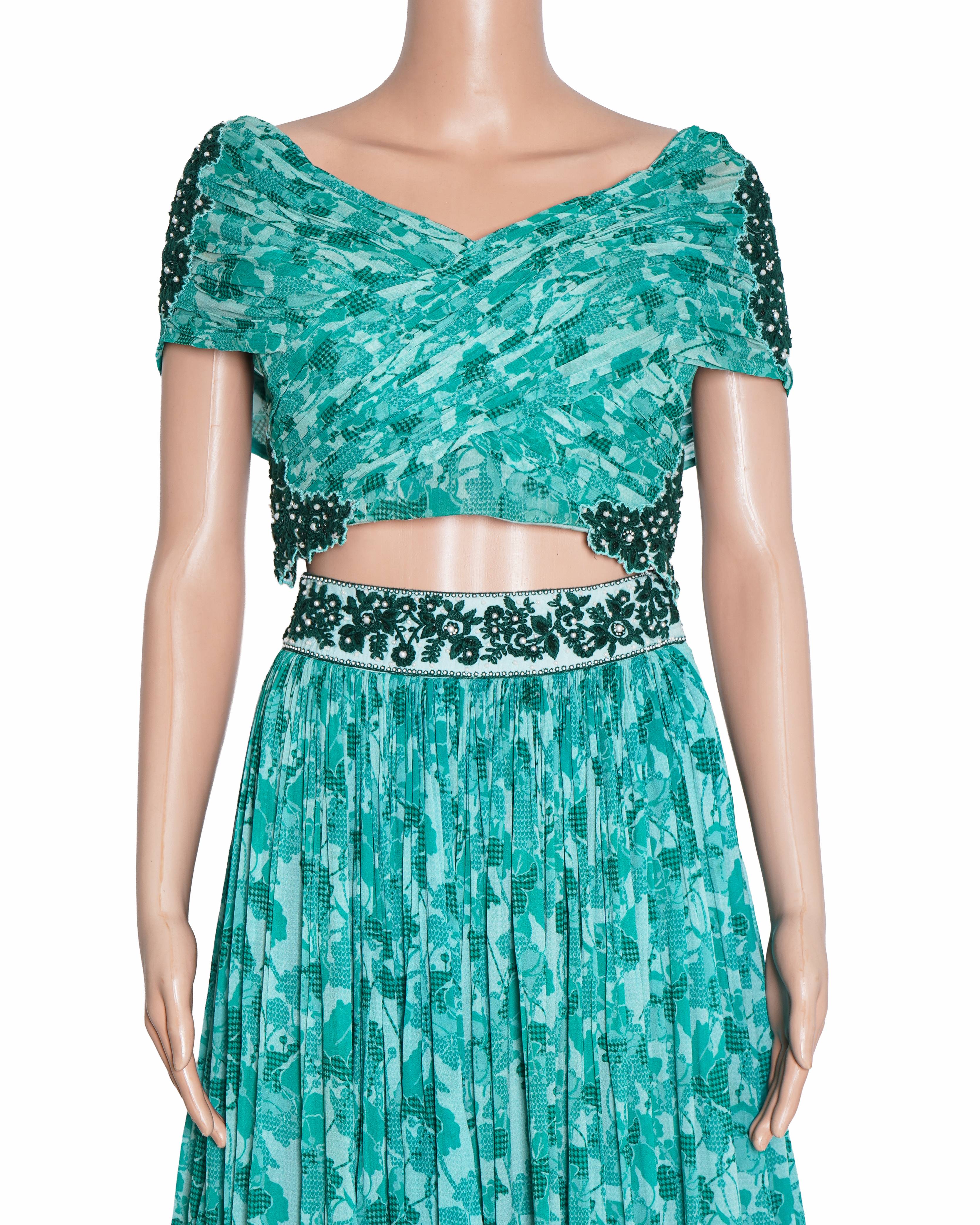 Adi By Aditya Khandelwal Aqua Green Printed Lehenga Set