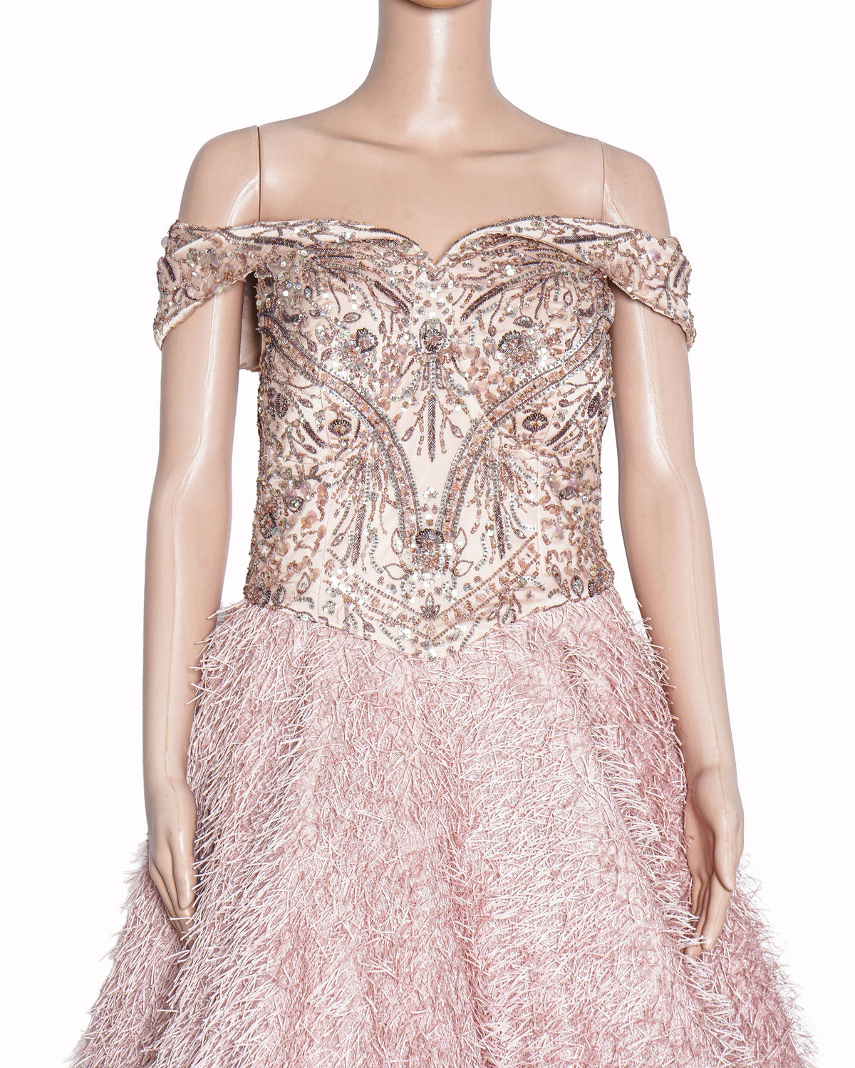 Dolly J Pink Textured Fringe Ball Gown