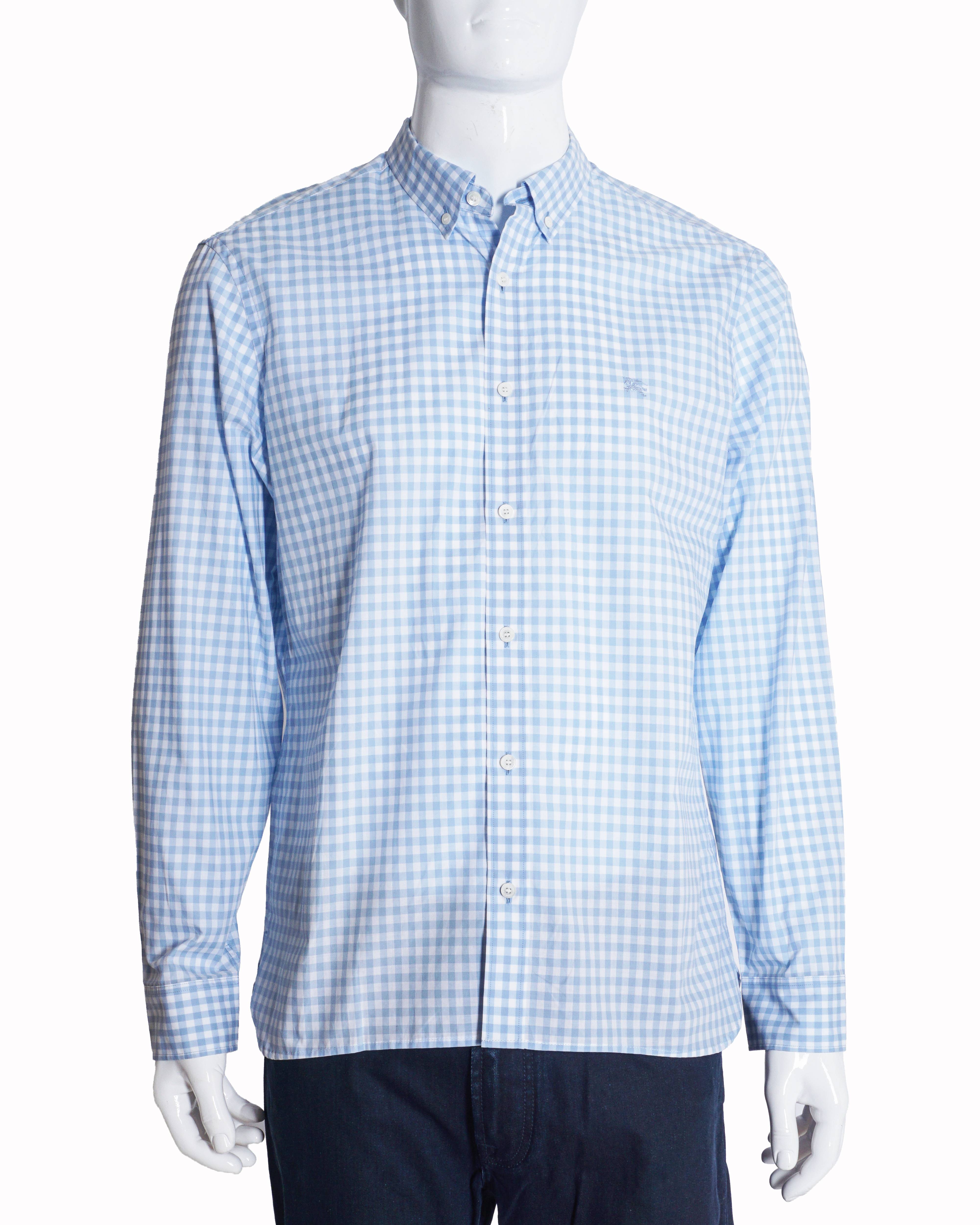 Burberry Men's Sky Blue Gingham Checked Button-Down Shirt