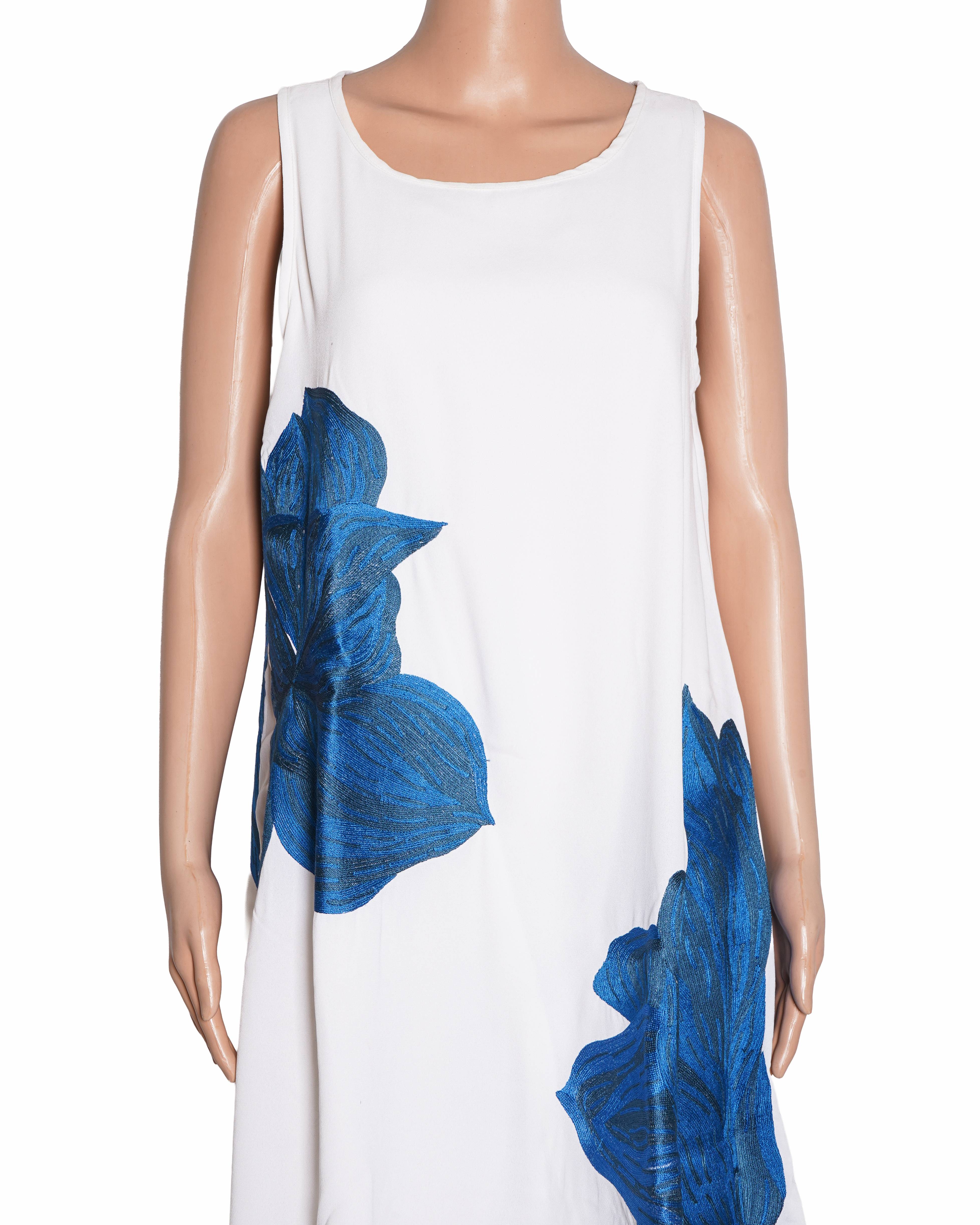 Ranna Gill maxi white dress with blue floral embroidery