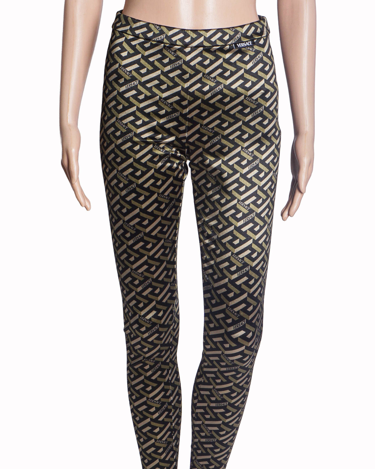 Versace Women's Black and Olive Green Gold Patterned Leggings