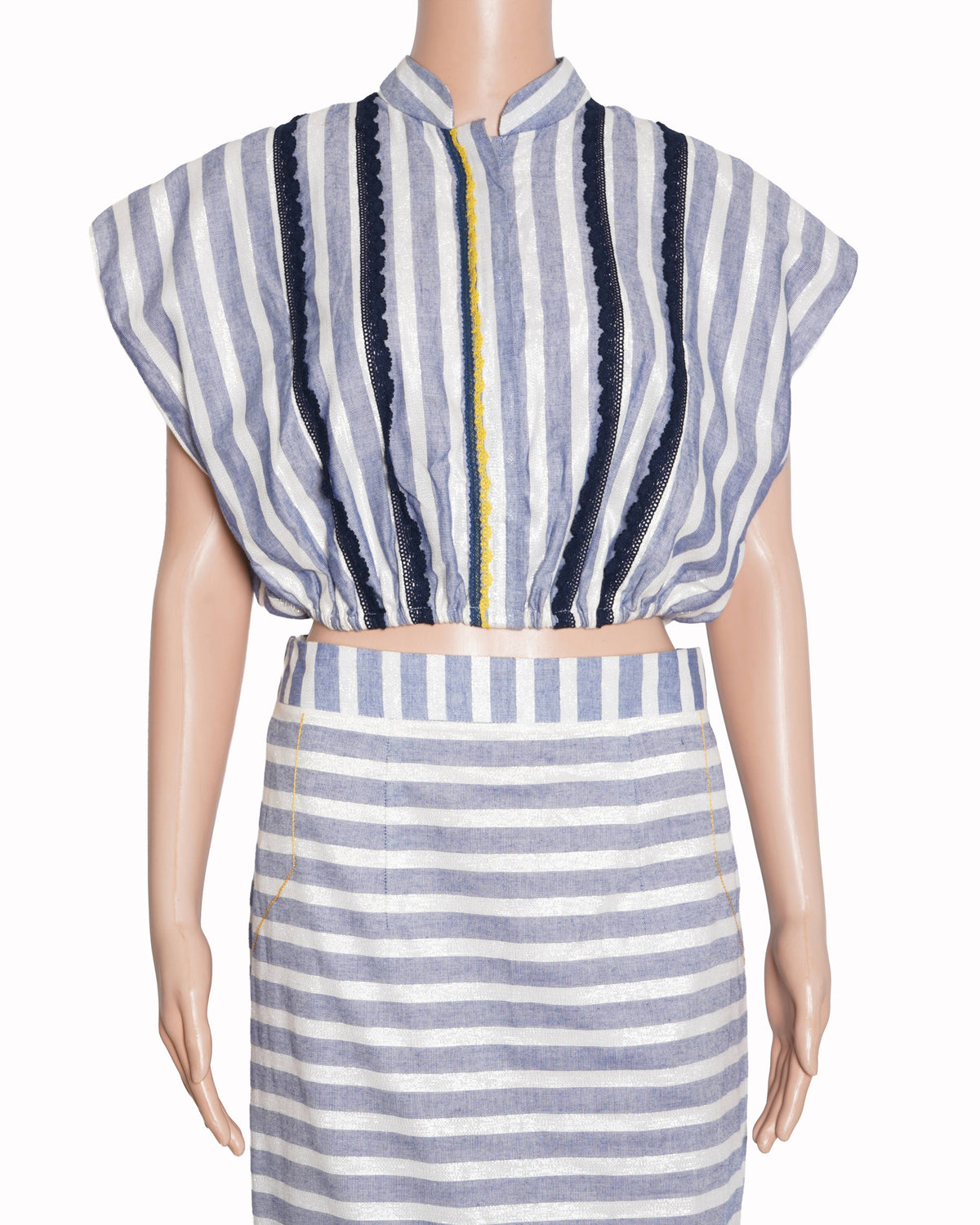 Divya Jain Striped Sailor Skirt Set With Lace Insert Top