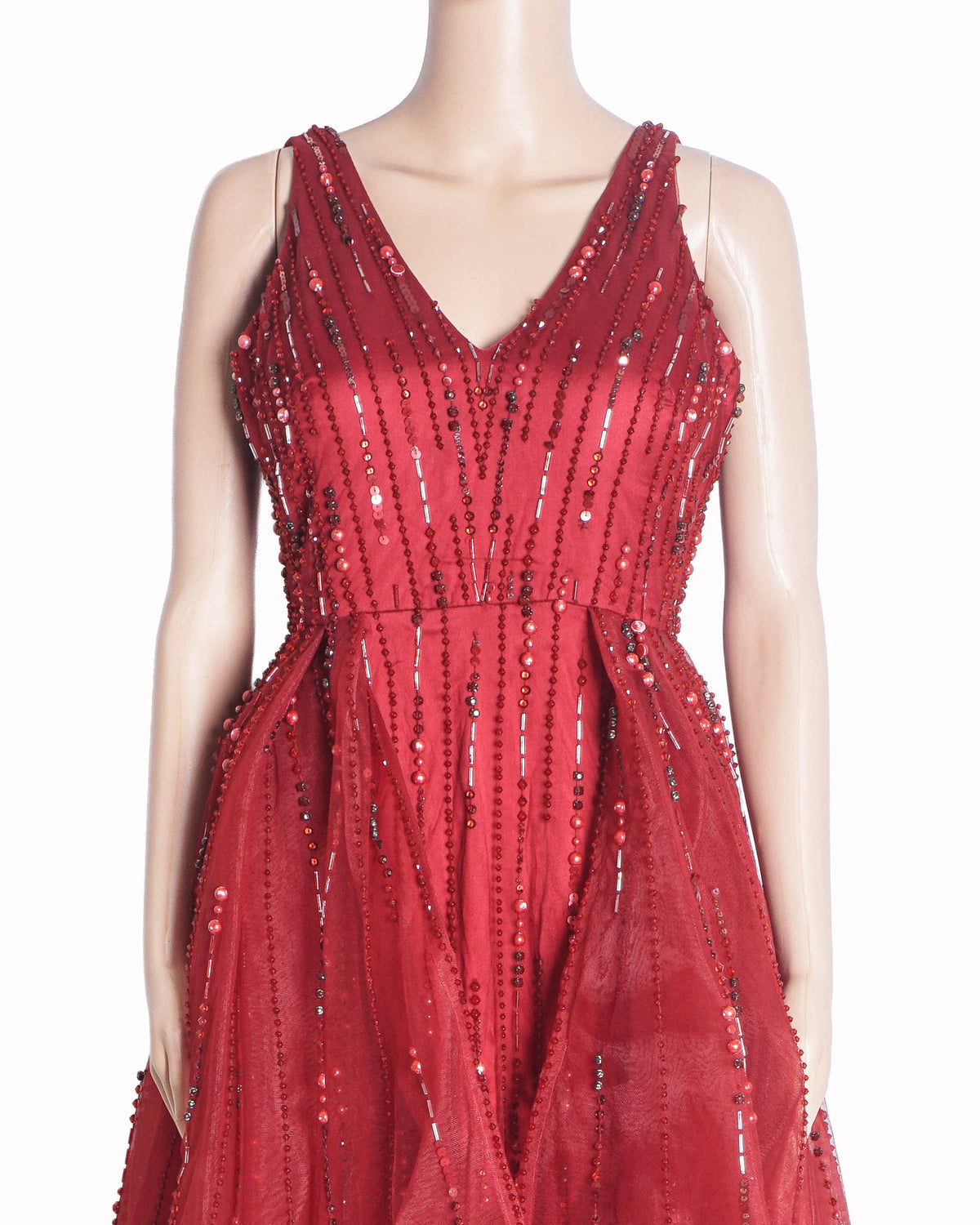 Karleo Crimson Red Sequined & Beaded Tulle Gown