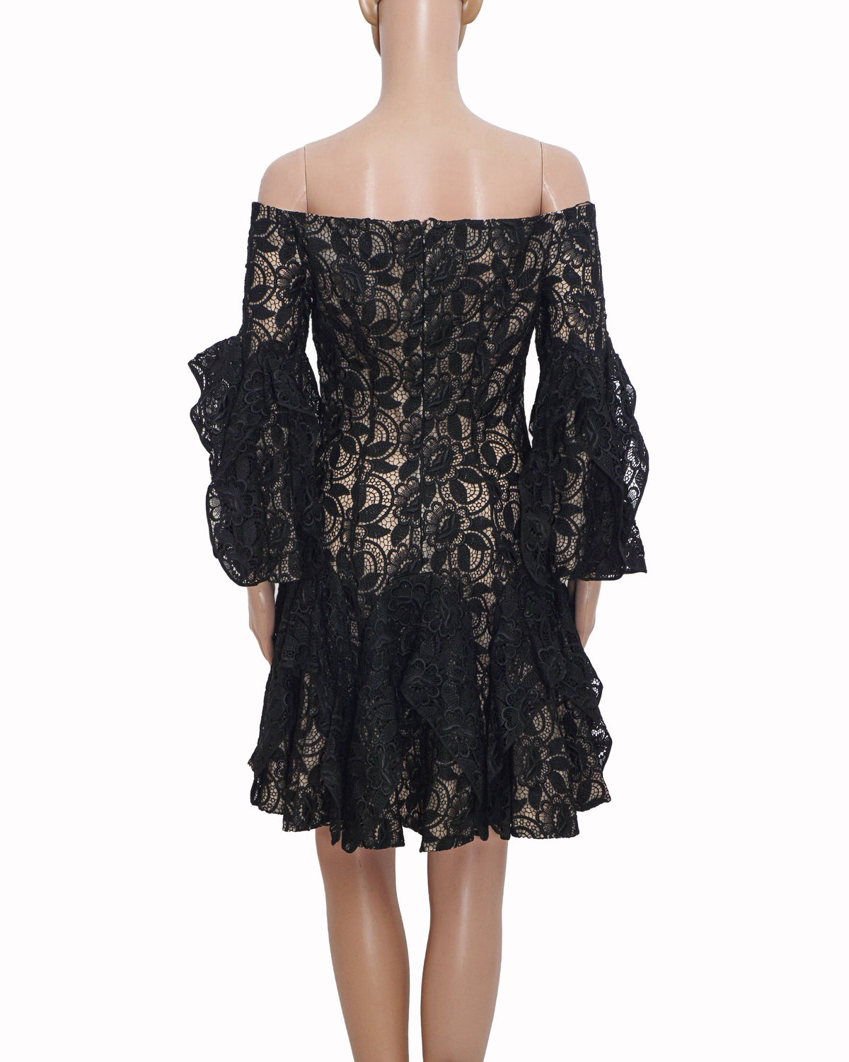Alexander McQueen Black Lace Off-The-Shoulder Ruffled Mini Dress