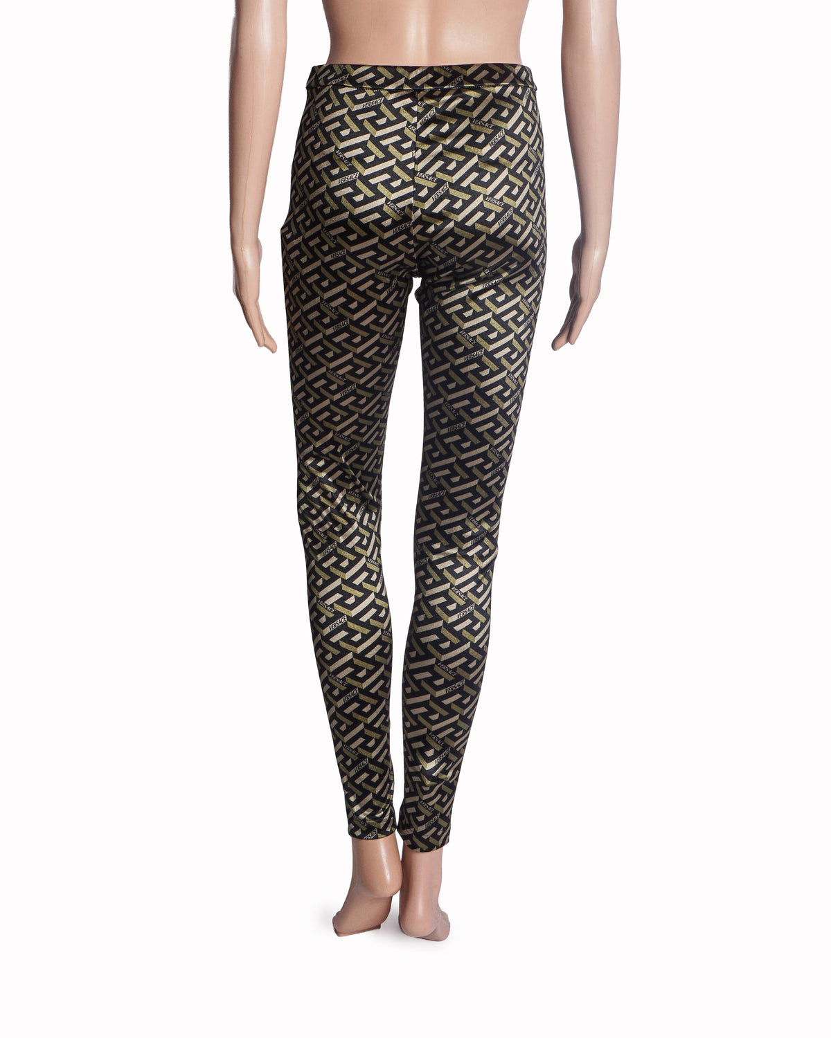 Versace Women's Black and Olive Green Gold Patterned Leggings