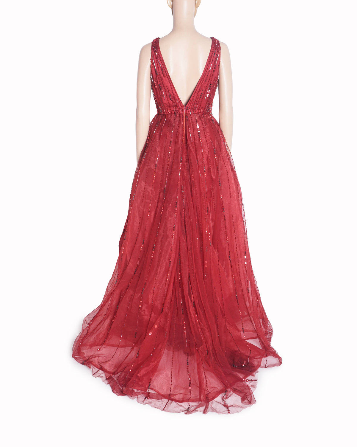Karleo Crimson Red Sequined & Beaded Tulle Gown
